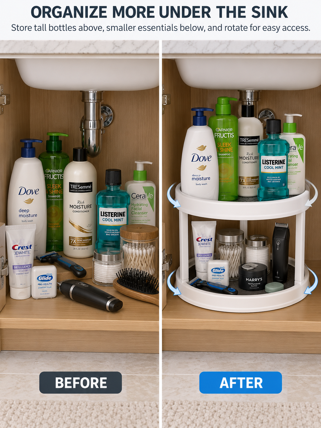 For Narrow & Small Cabinets |2-Tier Rotating Bathroom Under-Sink Organizer | 360° Turntable | Non-Slip Mat | Grooming, Dental & Personal Care Storage