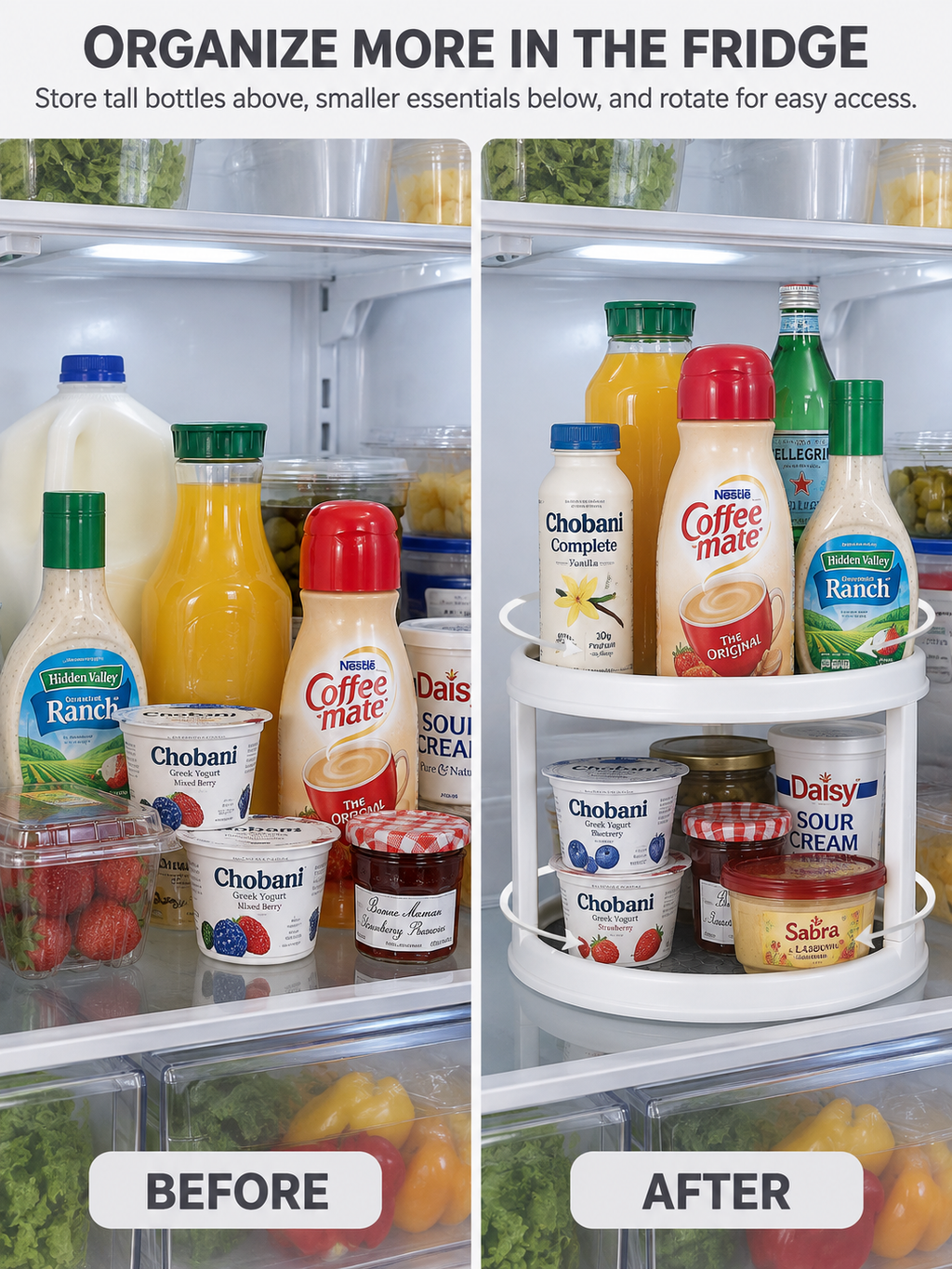 2-Tier Rotating Fridge Organizer | 360° Turntable for Refrigerator Shelves | Non-Slip Mat | Tall Bottles Above, Jars & Cups Below | Easy Fridge Access