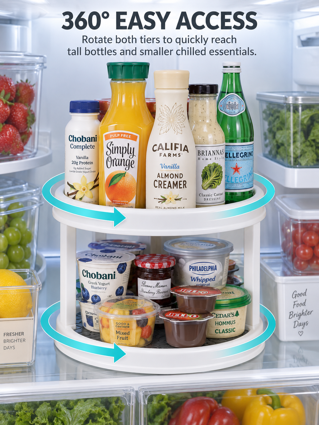 2-Tier Rotating Fridge Organizer | 360° Turntable for Refrigerator Shelves | Non-Slip Mat | Tall Bottles Above, Jars & Cups Below | Easy Fridge Access
