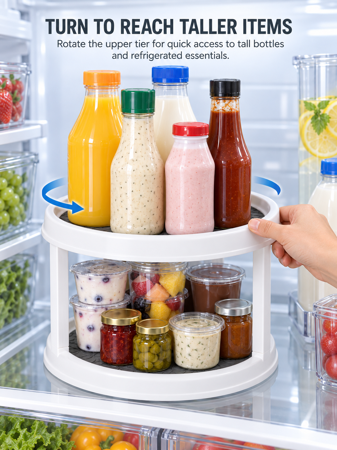 2-Tier Rotating Fridge Organizer | 360° Turntable for Refrigerator Shelves | Non-Slip Mat | Tall Bottles Above, Jars & Cups Below | Easy Fridge Access