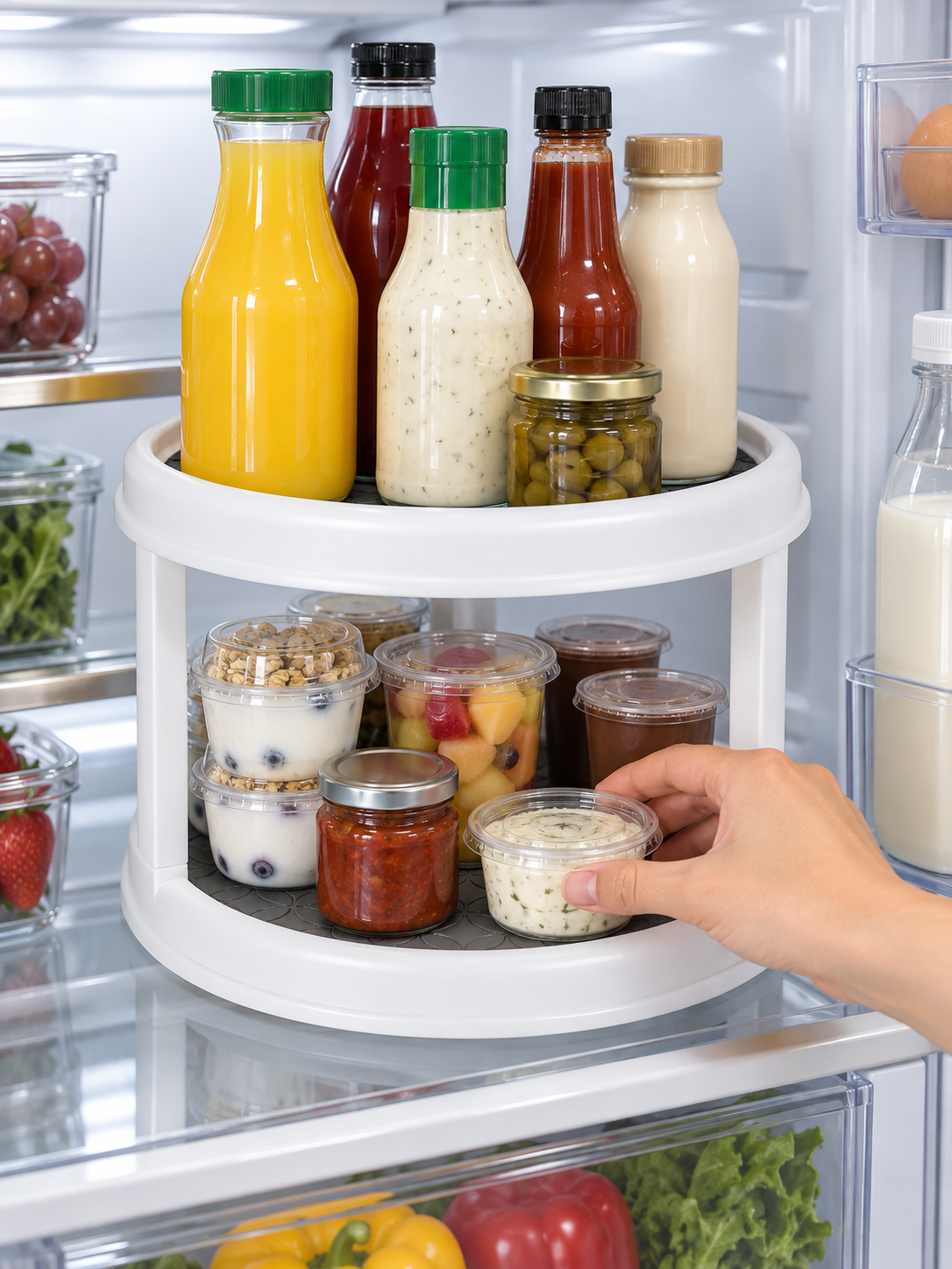 2-Tier Rotating Fridge Organizer | 360° Turntable for Refrigerator Shelves | Non-Slip Mat | Tall Bottles Above, Jars & Cups Below | Easy Fridge Access
