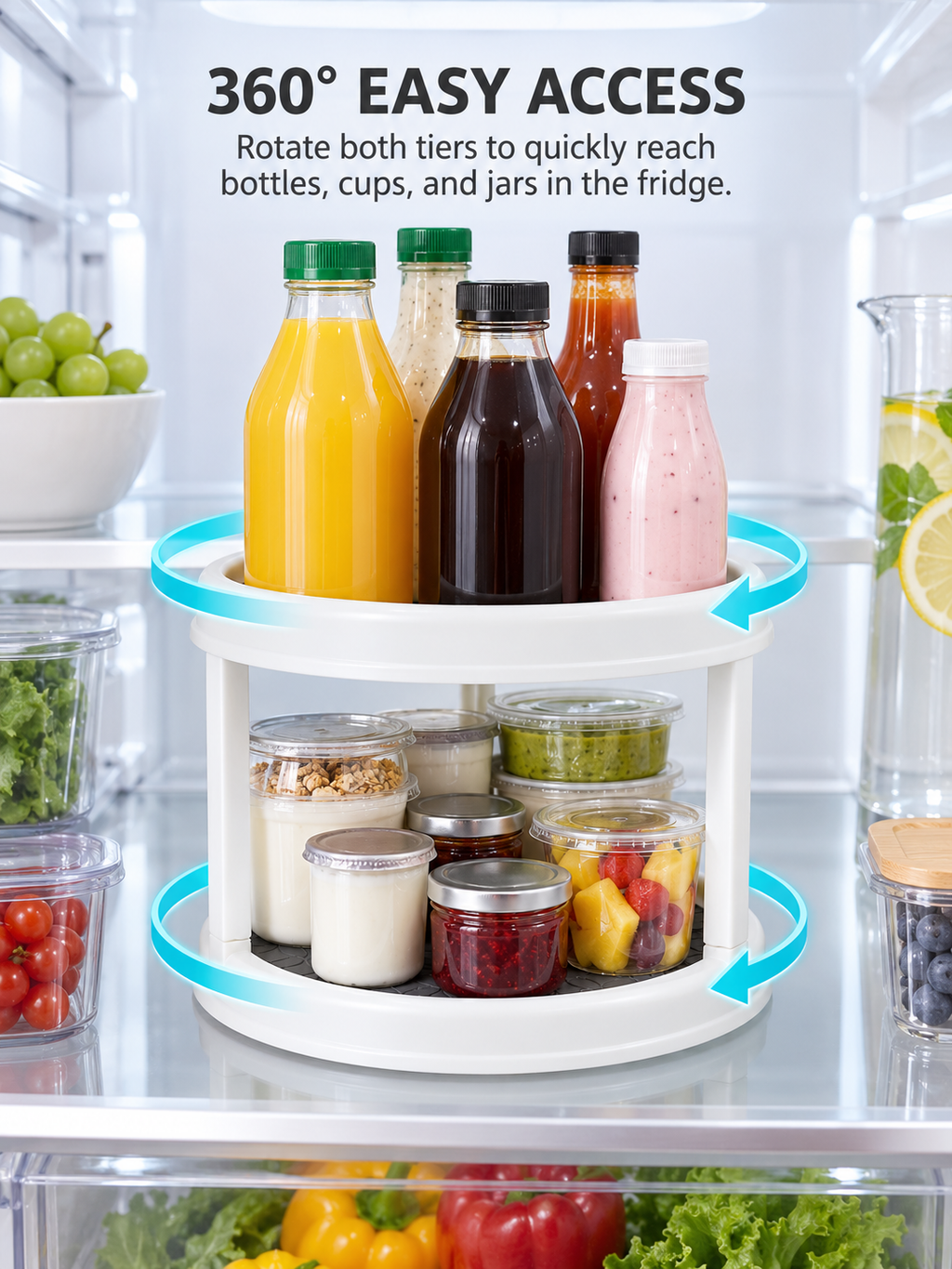 2-Tier Rotating Fridge Organizer | 360° Turntable for Refrigerator Shelves | Non-Slip Mat | Tall Bottles Above, Jars & Cups Below | Easy Fridge Access