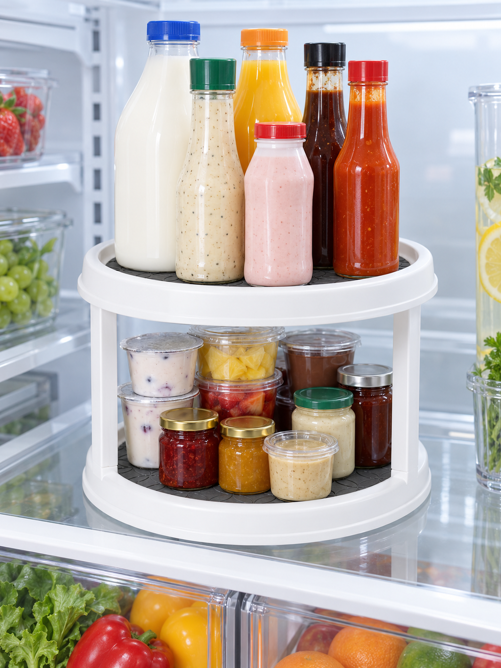 2-Tier Rotating Fridge Organizer | 360° Turntable for Refrigerator Shelves | Non-Slip Mat | Tall Bottles Above, Jars & Cups Below | Easy Fridge Access