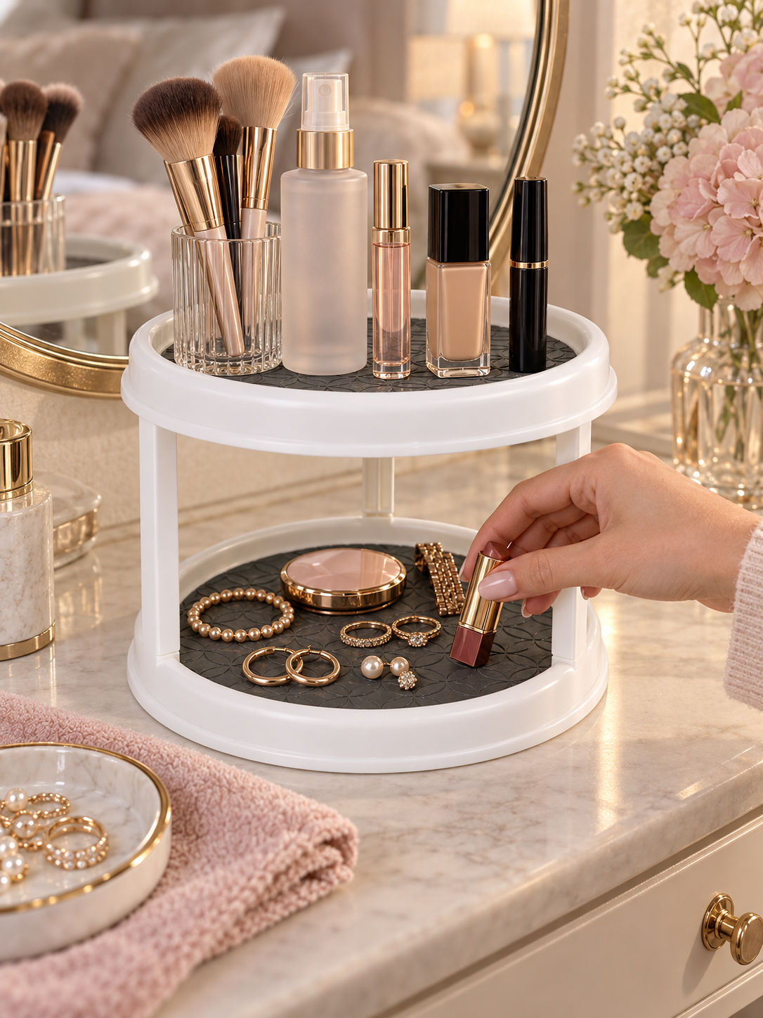 2-Tier Rotating Vanity Organizer | 360° Turntable for Makeup, Jewelry & Skincare | Non-Slip Silicone Mat | Dresser & Countertop Storage