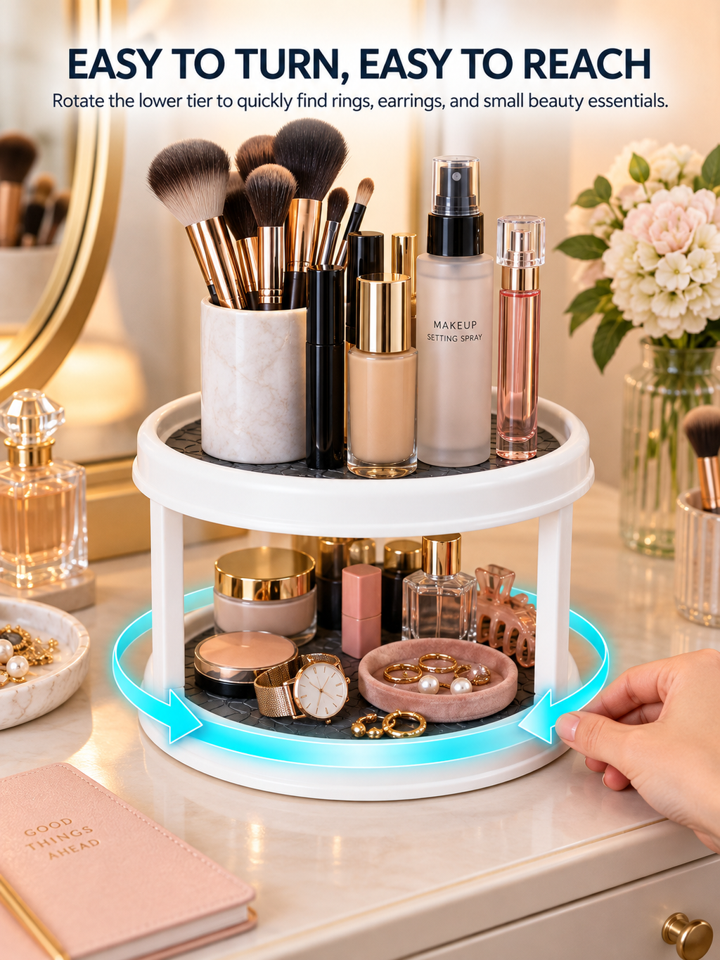 2-Tier Rotating Vanity Organizer | 360° Turntable for Makeup, Jewelry & Skincare | Non-Slip Silicone Mat | Dresser & Countertop Storage