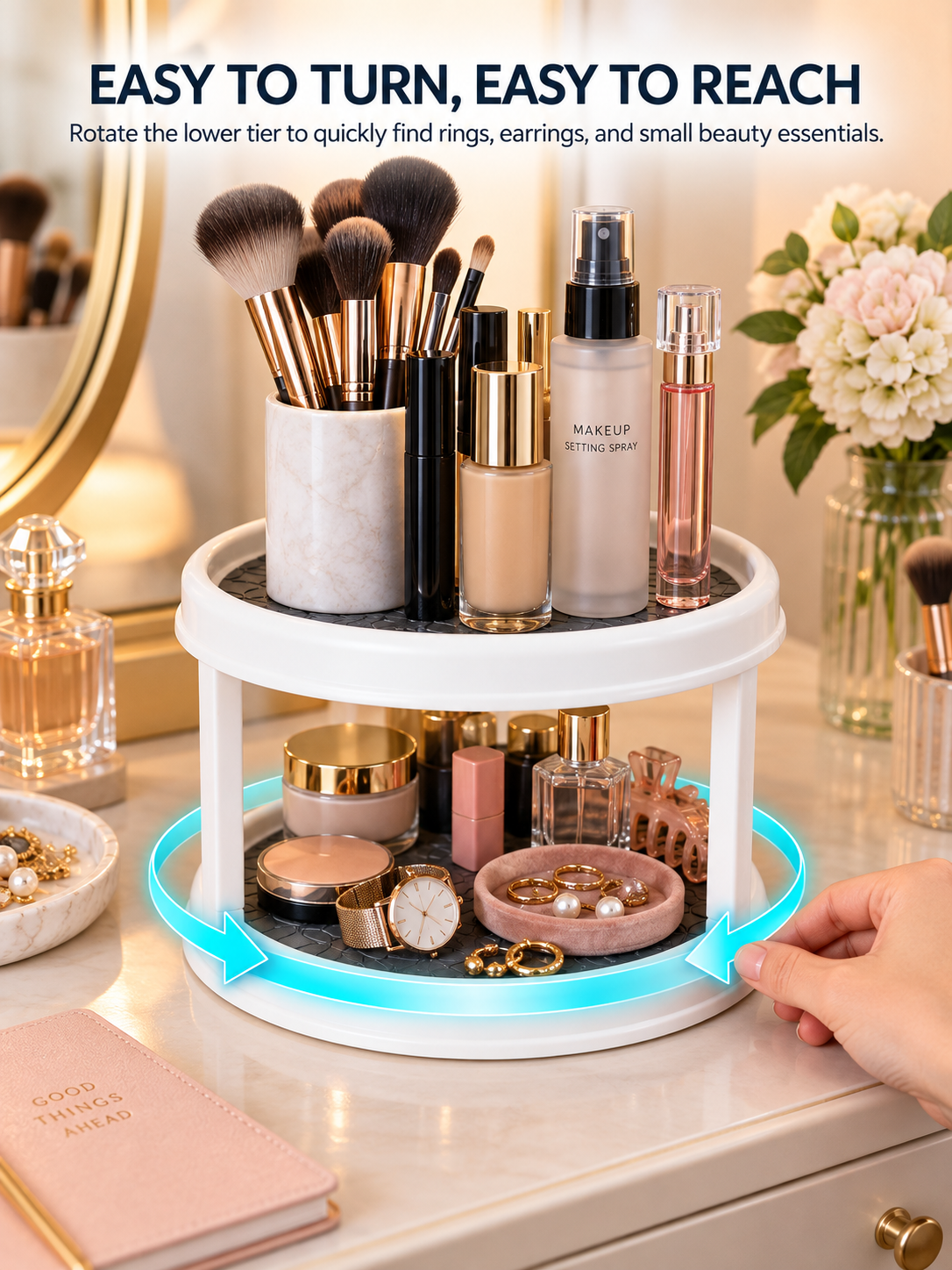 2-Tier Rotating Vanity Organizer | 360° Turntable for Makeup, Jewelry & Skincare | Non-Slip Silicone Mat | Dresser & Countertop Storage