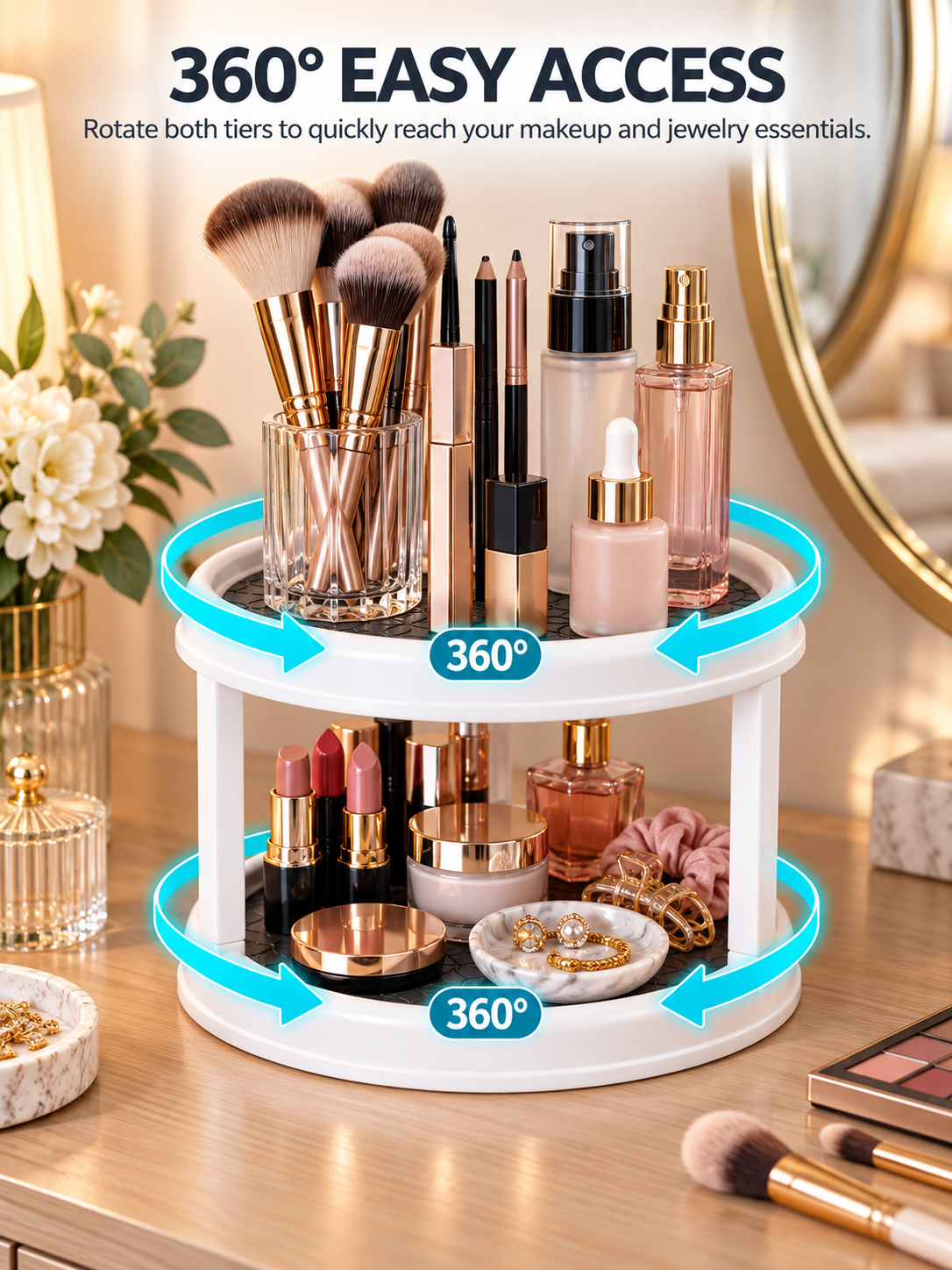 2-Tier Rotating Vanity Organizer | 360° Turntable for Makeup, Jewelry & Skincare | Non-Slip Silicone Mat | Dresser & Countertop Storage