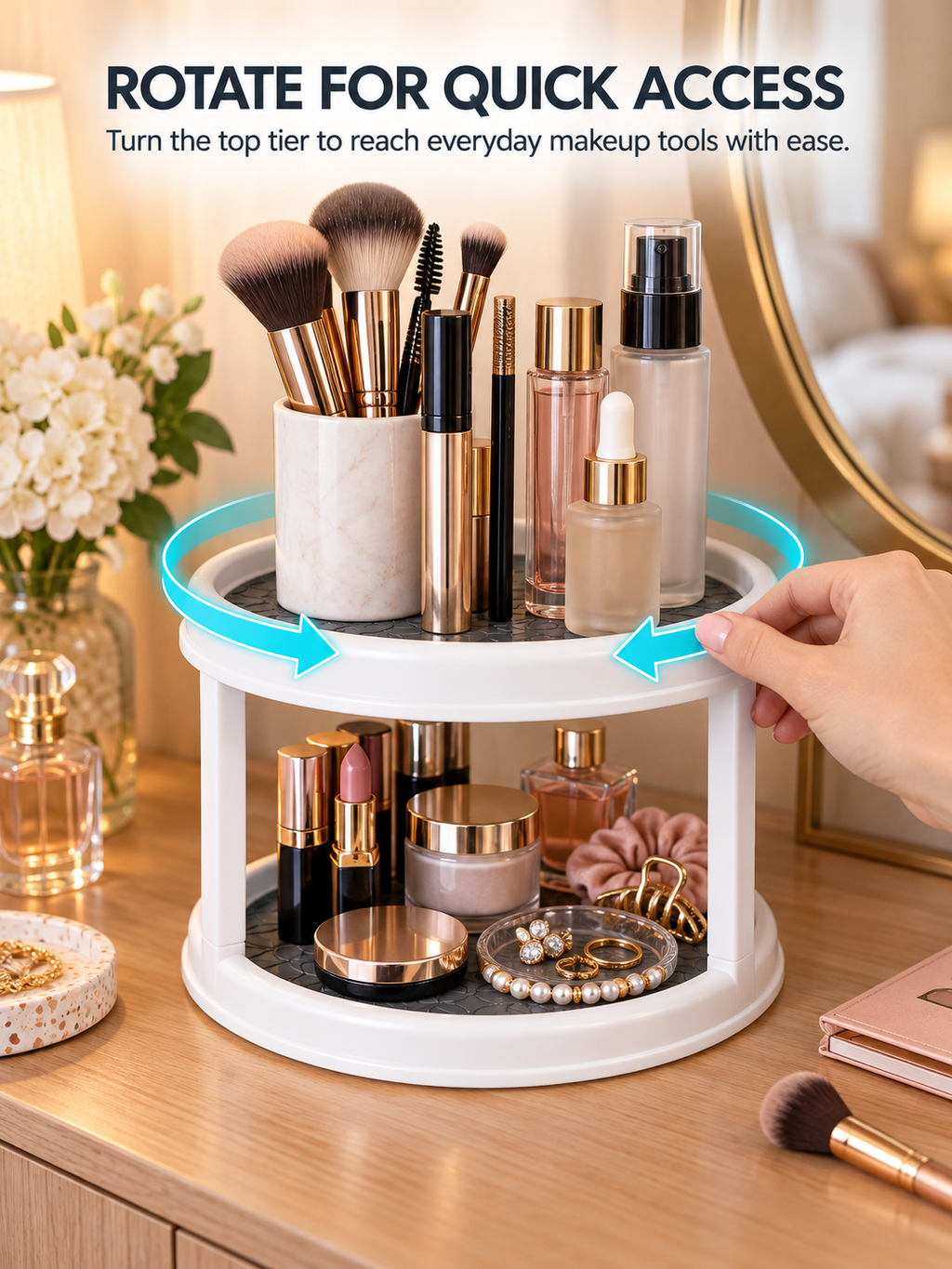 2-Tier Rotating Vanity Organizer | 360° Turntable for Makeup, Jewelry & Skincare | Non-Slip Silicone Mat | Dresser & Countertop Storage