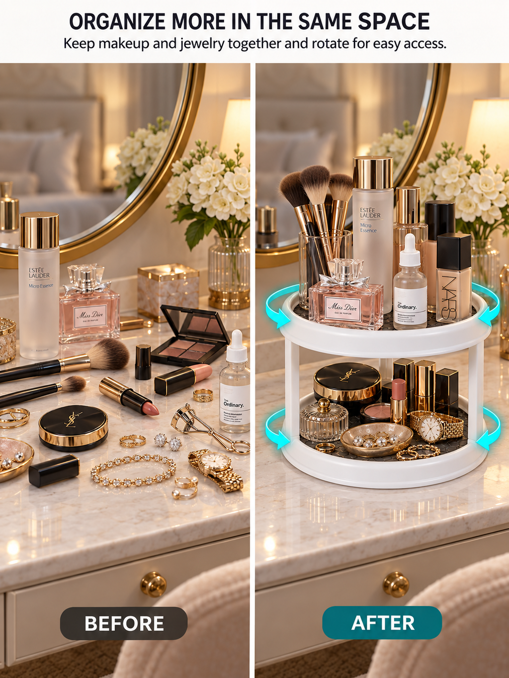 2-Tier Rotating Vanity Organizer | 360° Turntable for Makeup, Jewelry & Skincare | Non-Slip Silicone Mat | Dresser & Countertop Storage