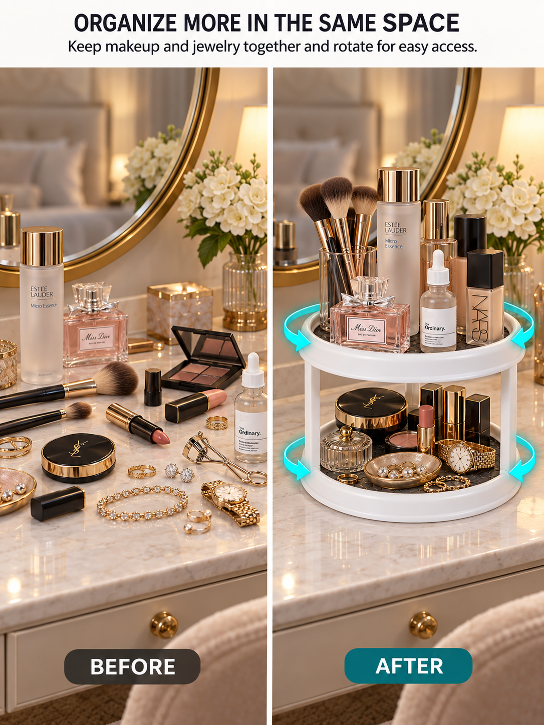 2-Tier Rotating Vanity Organizer | 360° Turntable for Makeup, Jewelry & Skincare | Non-Slip Silicone Mat | Dresser & Countertop Storage