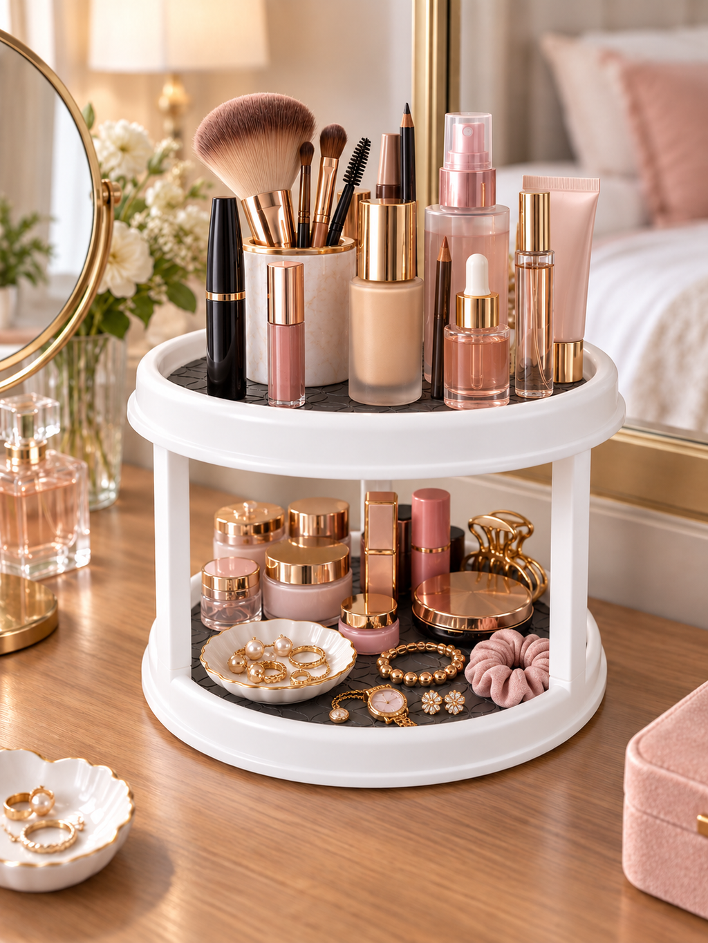 2-Tier Rotating Vanity Organizer | 360° Turntable for Makeup, Jewelry & Skincare | Non-Slip Silicone Mat | Dresser & Countertop Storage