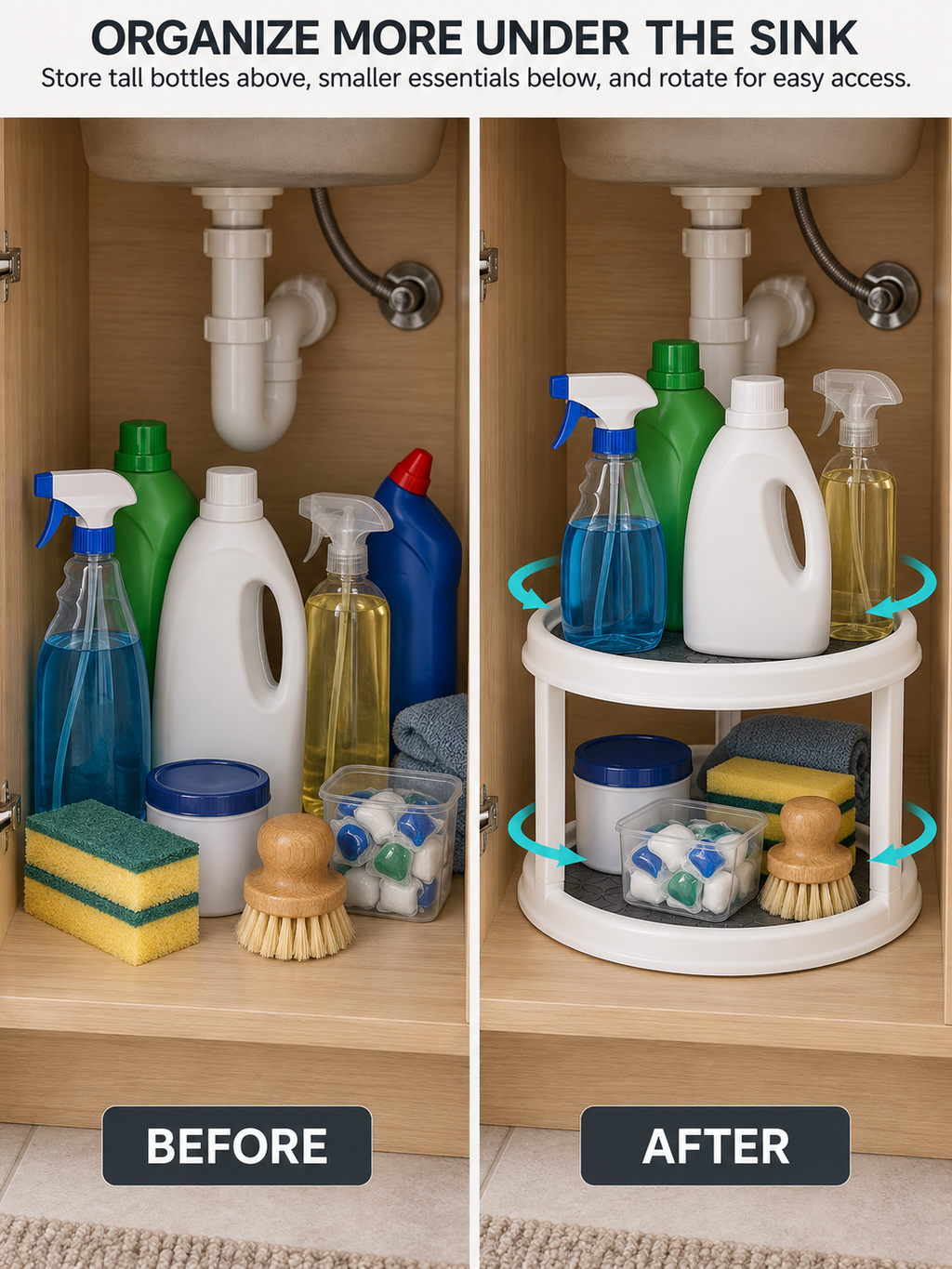Narrow & Small kitchen Under-Sink Cabinets | 2-Tier Rotating Under-Sink Organizer | 360° Turntable for Cleaning Supplies | Fits Narrow & Small Under-Sink Cabinets | Non-Slip Silicone Mat