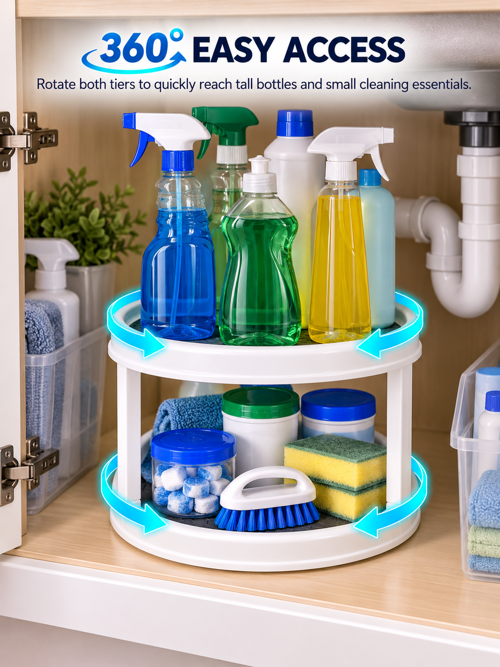 Narrow & Small kitchen Under-Sink Cabinets | 2-Tier Rotating Under-Sink Organizer | 360° Turntable for Cleaning Supplies | Fits Narrow & Small Under-Sink Cabinets | Non-Slip Silicone Mat