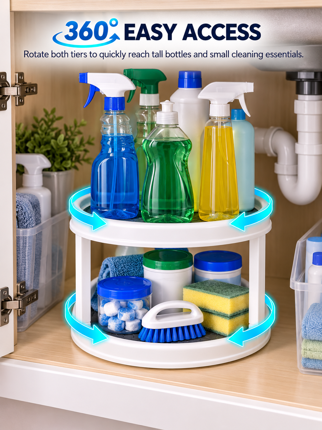 Narrow & Small kitchen Under-Sink Cabinets | 2-Tier Rotating Under-Sink Organizer | 360° Turntable for Cleaning Supplies | Fits Narrow & Small Under-Sink Cabinets | Non-Slip Silicone Mat