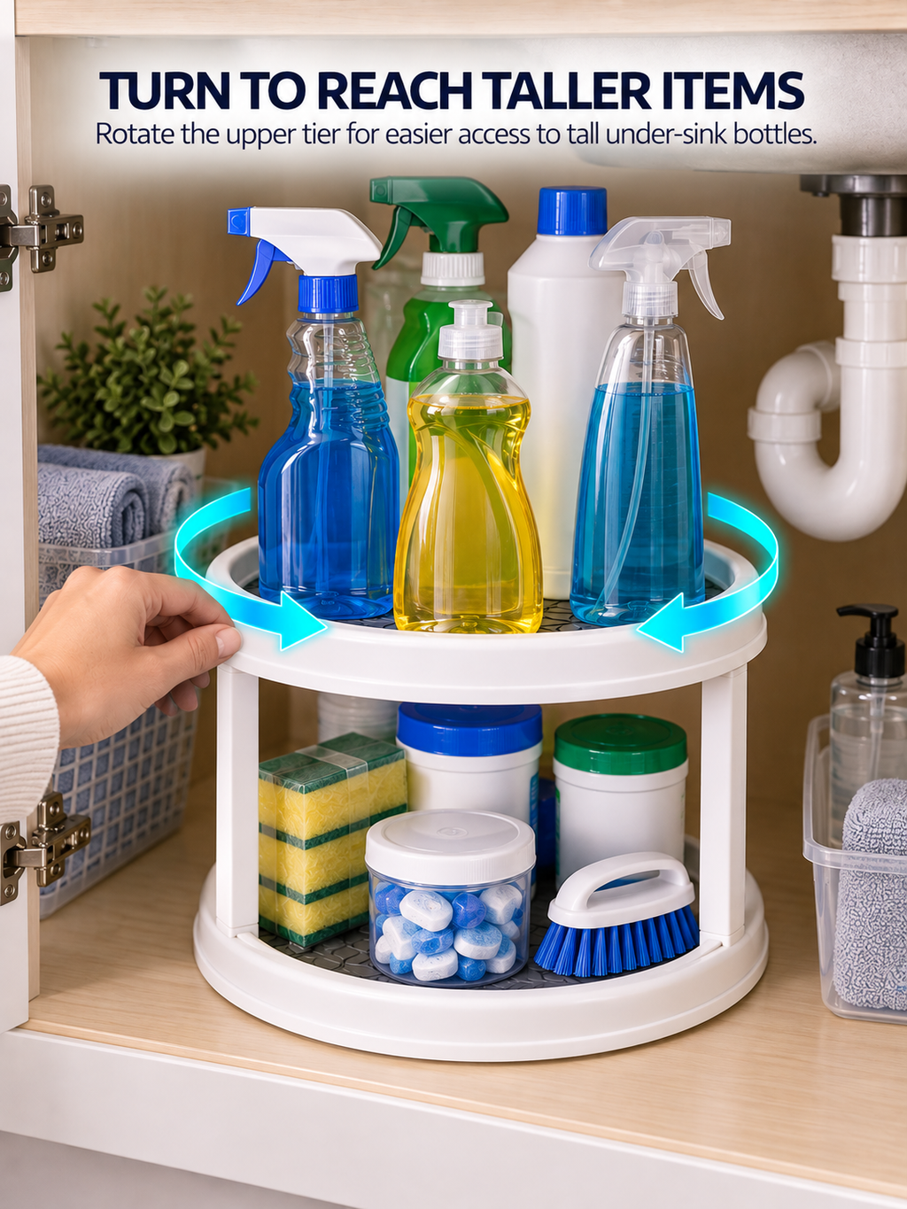 Narrow & Small kitchen Under-Sink Cabinets | 2-Tier Rotating Under-Sink Organizer | 360° Turntable for Cleaning Supplies | Fits Narrow & Small Under-Sink Cabinets | Non-Slip Silicone Mat