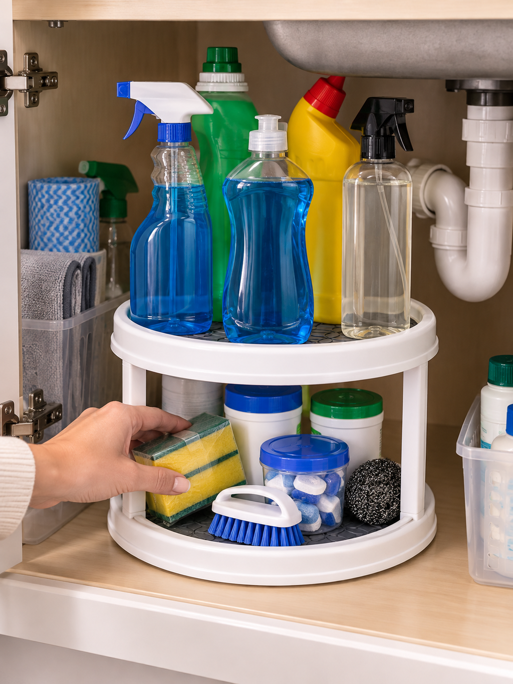 Narrow & Small kitchen Under-Sink Cabinets | 2-Tier Rotating Under-Sink Organizer | 360° Turntable for Cleaning Supplies | Fits Narrow & Small Under-Sink Cabinets | Non-Slip Silicone Mat