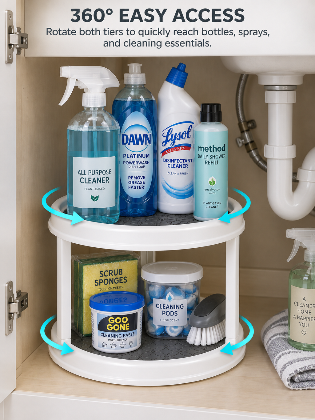 Narrow & Small kitchen Under-Sink Cabinets | 2-Tier Rotating Under-Sink Organizer | 360° Turntable for Cleaning Supplies | Fits Narrow & Small Under-Sink Cabinets | Non-Slip Silicone Mat