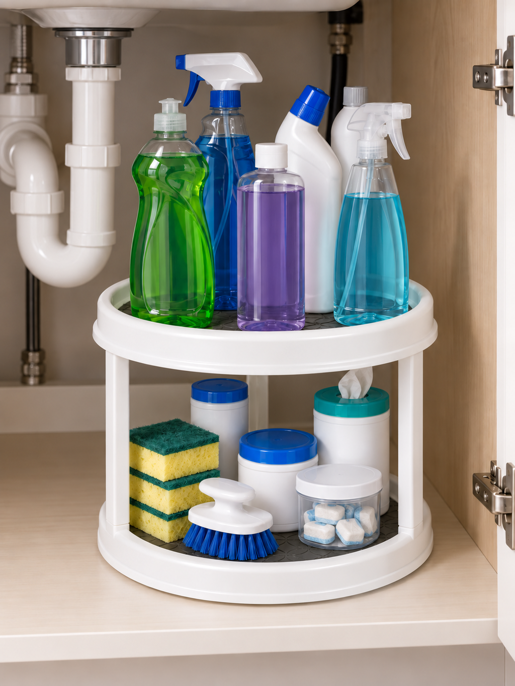 Narrow & Small kitchen Under-Sink Cabinets | 2-Tier Rotating Under-Sink Organizer | 360° Turntable for Cleaning Supplies | Fits Narrow & Small Under-Sink Cabinets | Non-Slip Silicone Mat