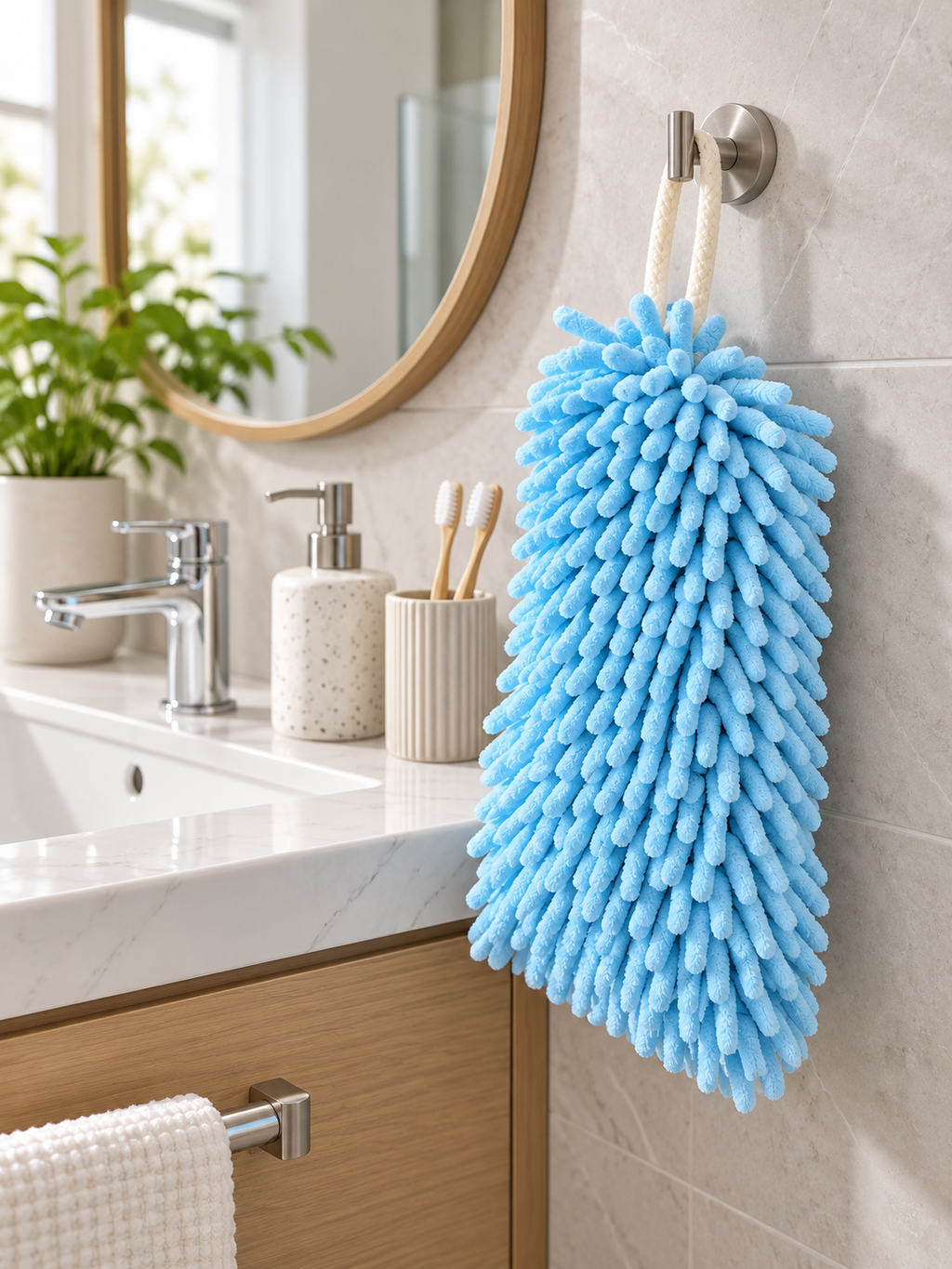 View of Bathroom | Chenille Hanging Hand Towel – Ultra-Absorbent Quick-Dry Microfiber