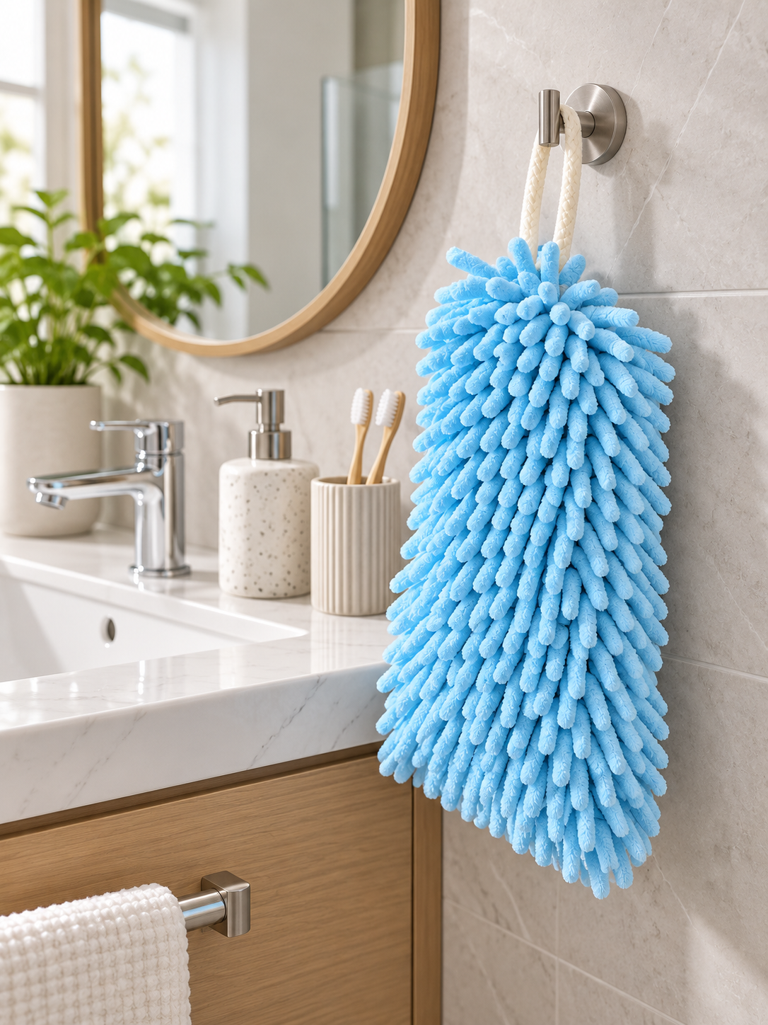 View of Bathroom | Chenille Hanging Hand Towel – Ultra-Absorbent Quick-Dry Microfiber