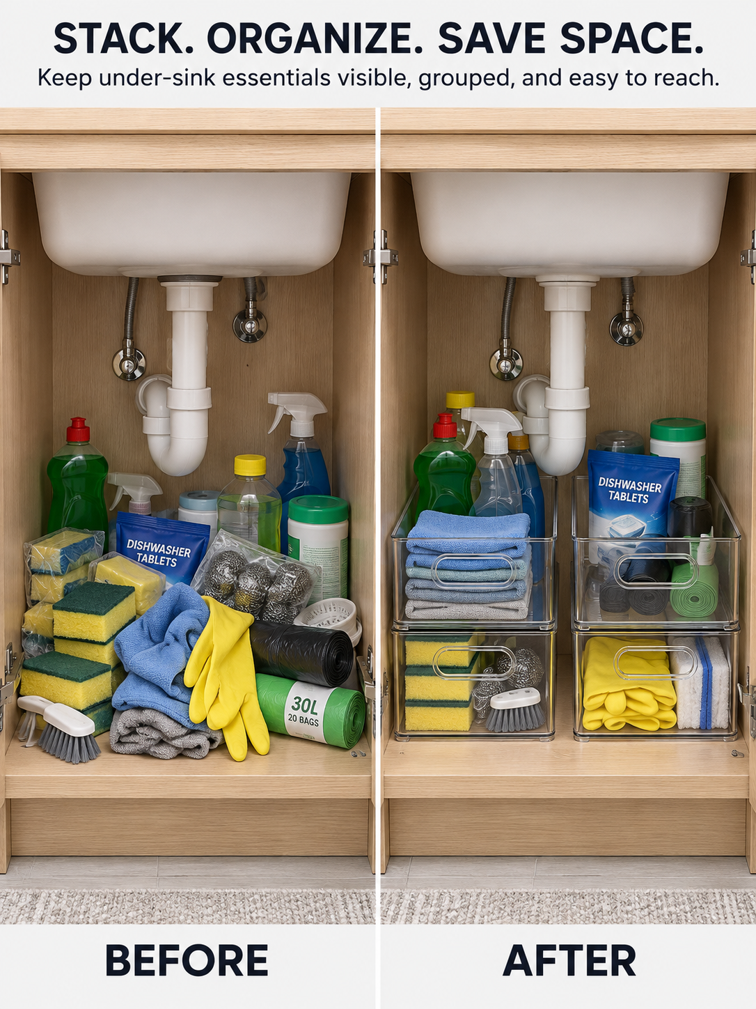 Clear Stackable Under-Sink Storage Bins Kitchen| Kitchen Cleaning Supply Organizer | See-Through Bins for Sponges, Dish Tabs, Gloves, Rags & Trash Bags