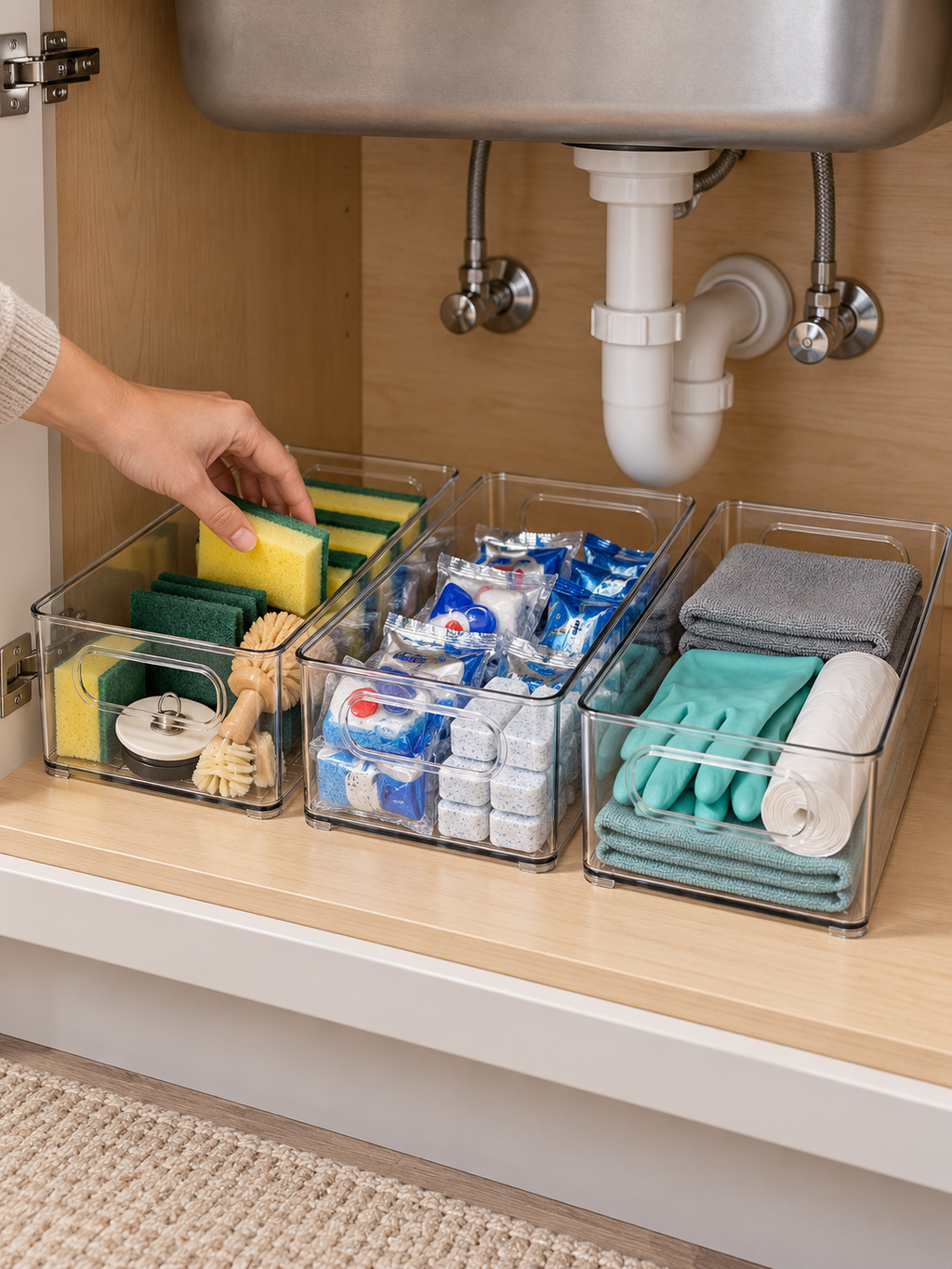 Clear Stackable Under-Sink Storage Bins Kitchen| Kitchen Cleaning Supply Organizer | See-Through Bins for Sponges, Dish Tabs, Gloves, Rags & Trash Bags