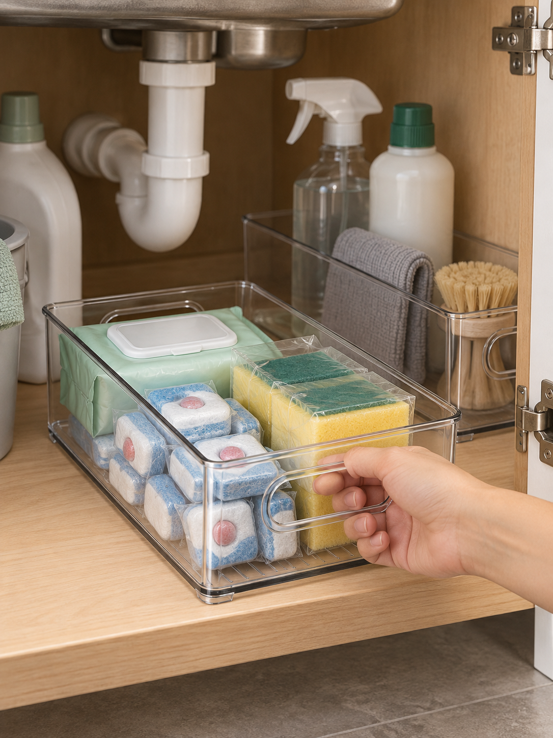 Clear Stackable Under-Sink Storage Bins Kitchen| Kitchen Cleaning Supply Organizer | See-Through Bins for Sponges, Dish Tabs, Gloves, Rags & Trash Bags