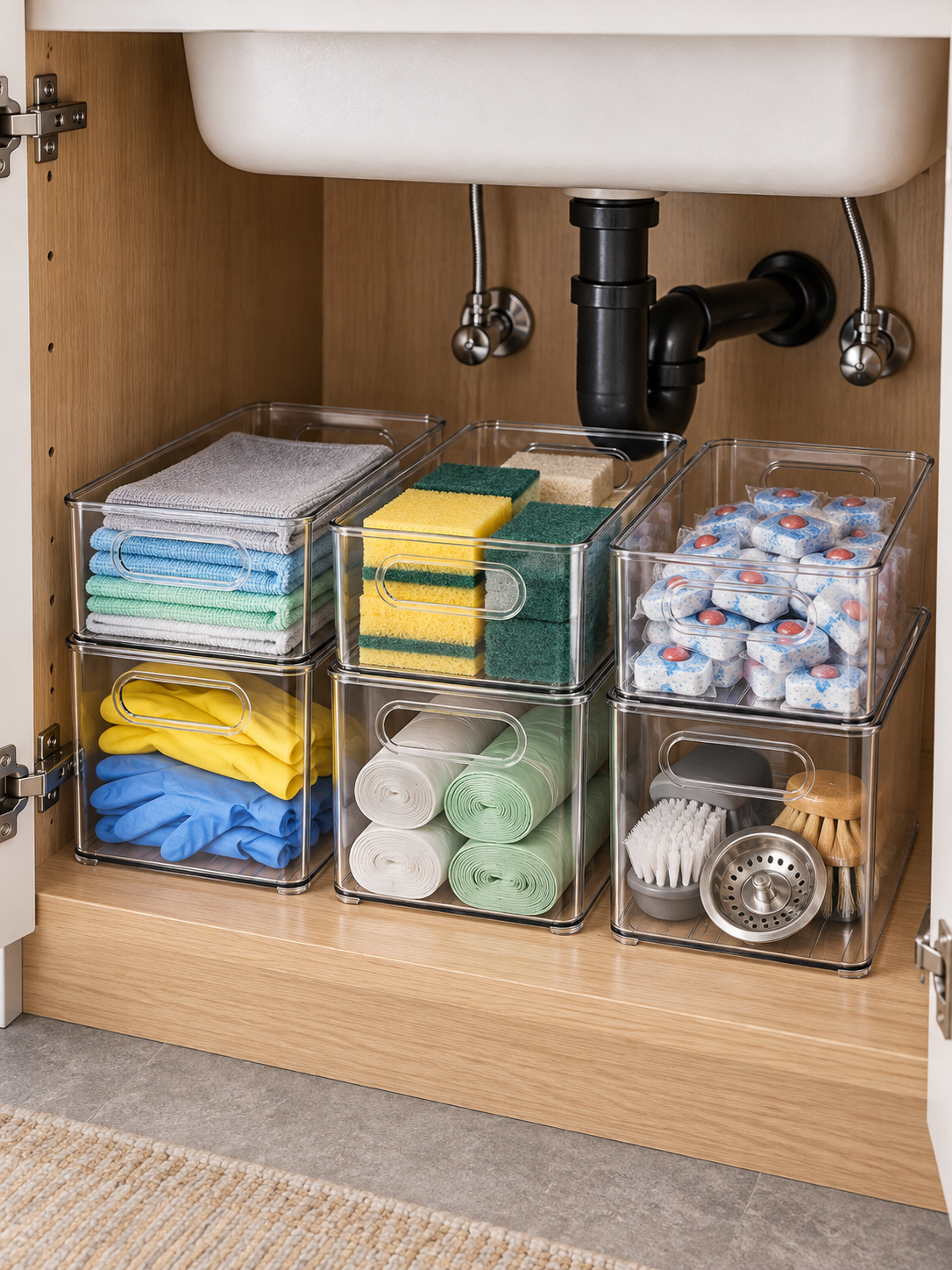 Clear Stackable Under-Sink Storage Bins Kitchen| Kitchen Cleaning Supply Organizer | See-Through Bins for Sponges, Dish Tabs, Gloves, Rags & Trash Bags