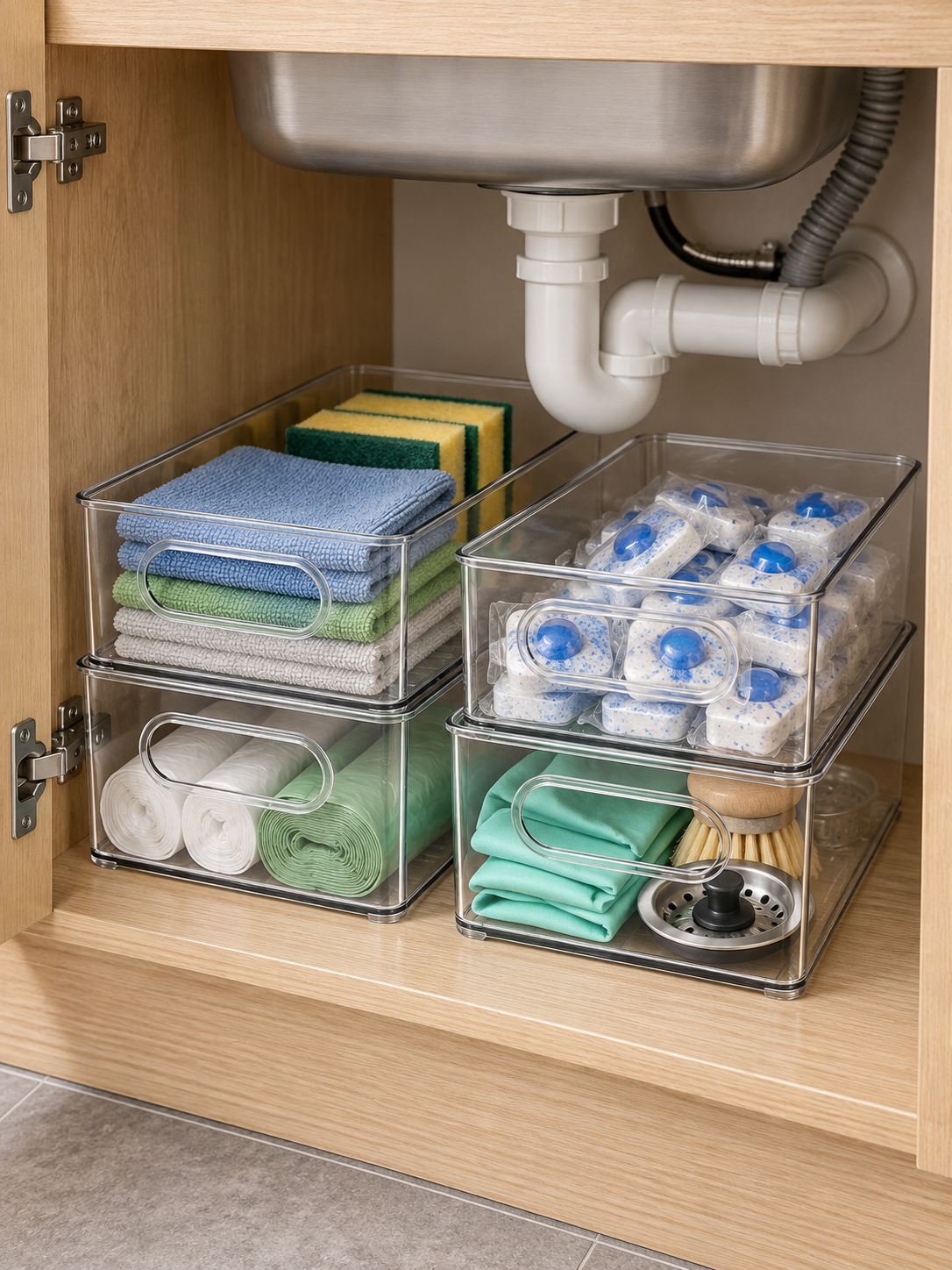 Clear Stackable Under-Sink Storage Bins Kitchen| Kitchen Cleaning Supply Organizer | See-Through Bins for Sponges, Dish Tabs, Gloves, Rags & Trash Bags