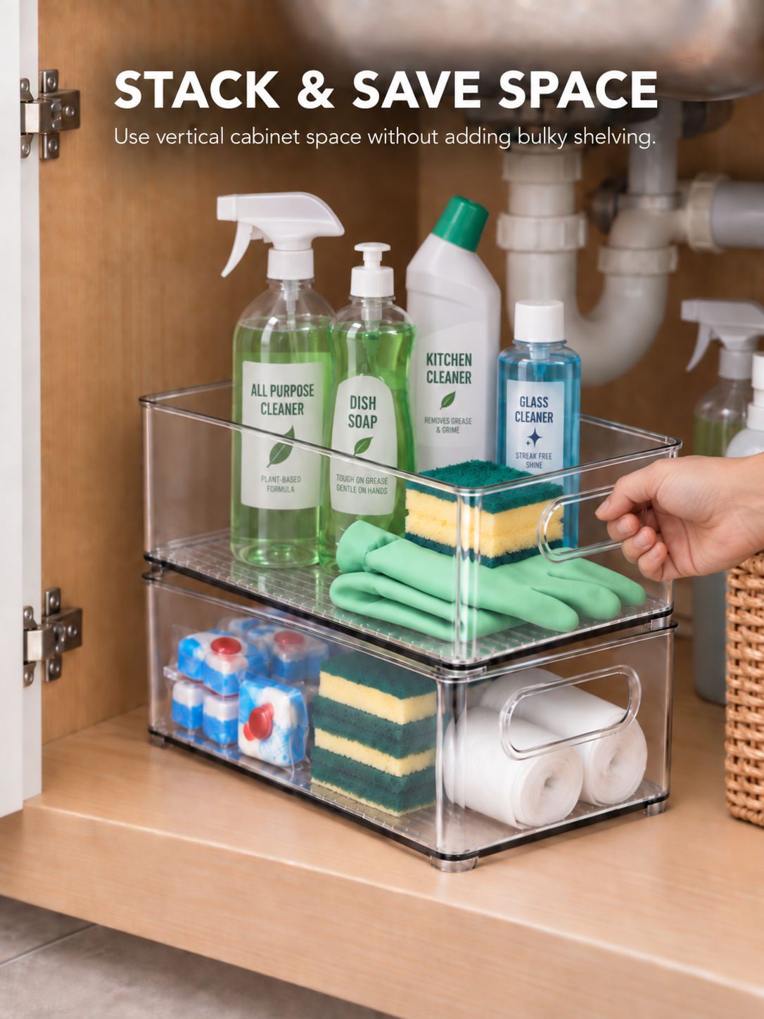Clear Stackable Under-Sink Storage Bins Kitchen| Kitchen Cleaning Supply Organizer | See-Through Bins for Sponges, Dish Tabs, Gloves, Rags & Trash Bags