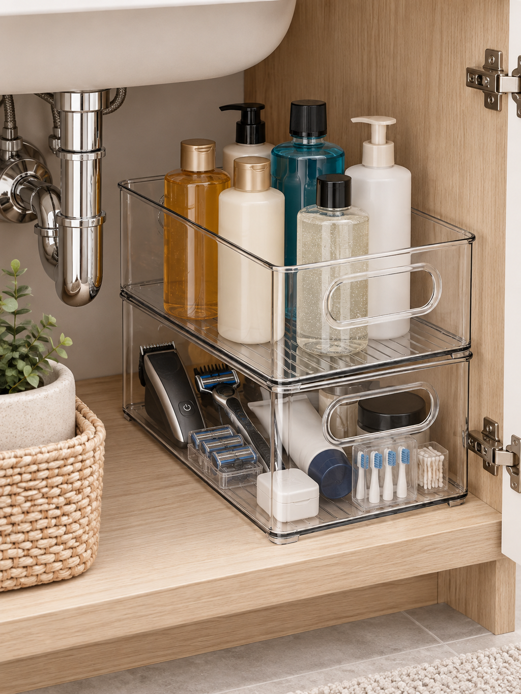 Clear Stackable Under-Sink Bathroom Organizer | Stackable Bins for Grooming Tools, Tall Shampoo & Conditioner Bottles, and Cleaning Supplies