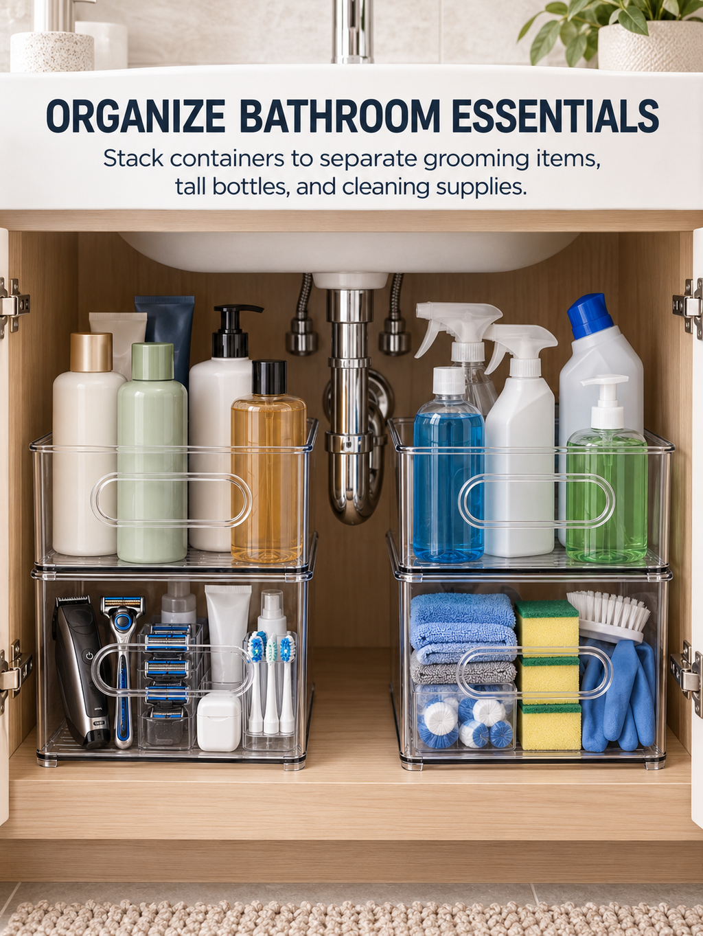 Clear Stackable Under-Sink Bathroom Organizer | Stackable Bins for Grooming Tools, Tall Shampoo & Conditioner Bottles, and Cleaning Supplies