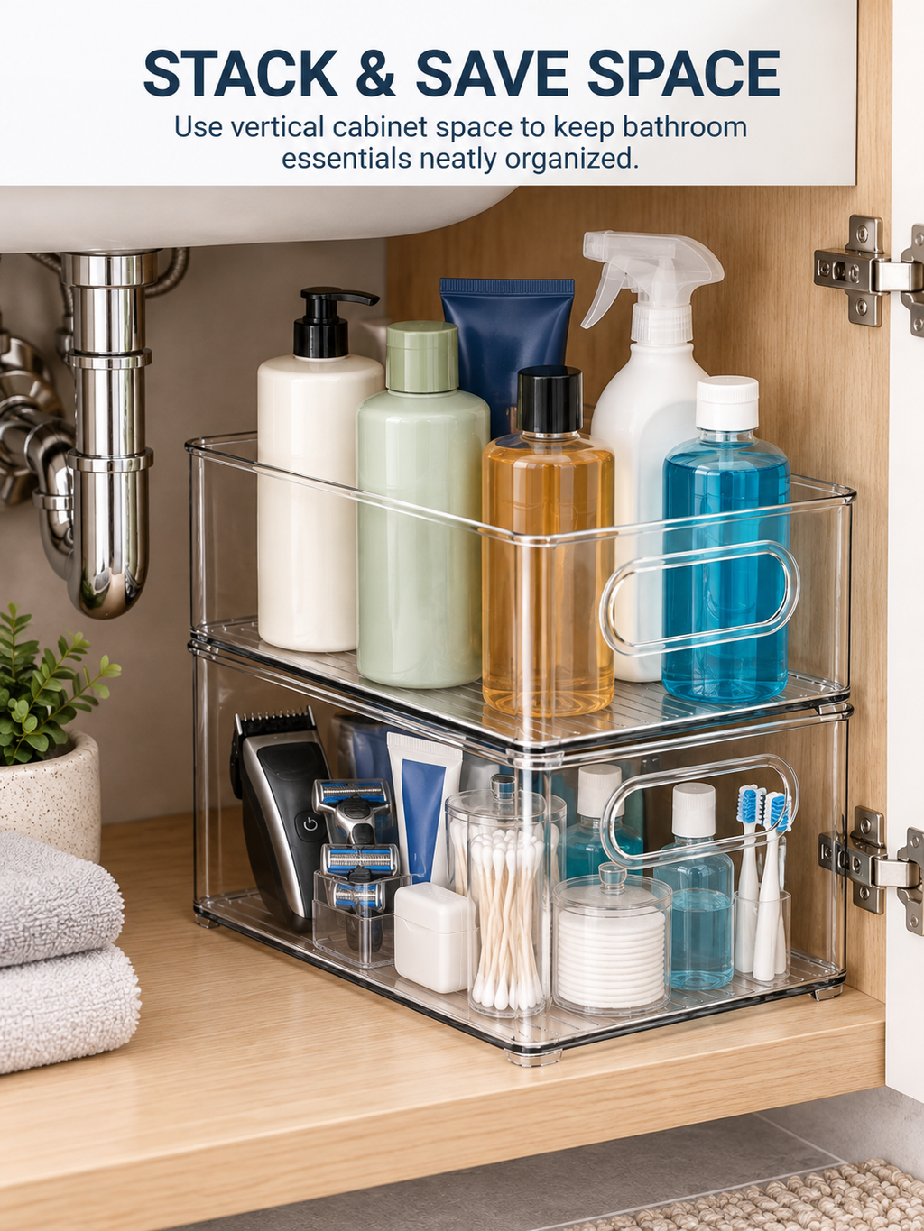 Clear Stackable Under-Sink Bathroom Organizer | Stackable Bins for Grooming Tools, Tall Shampoo & Conditioner Bottles, and Cleaning Supplies