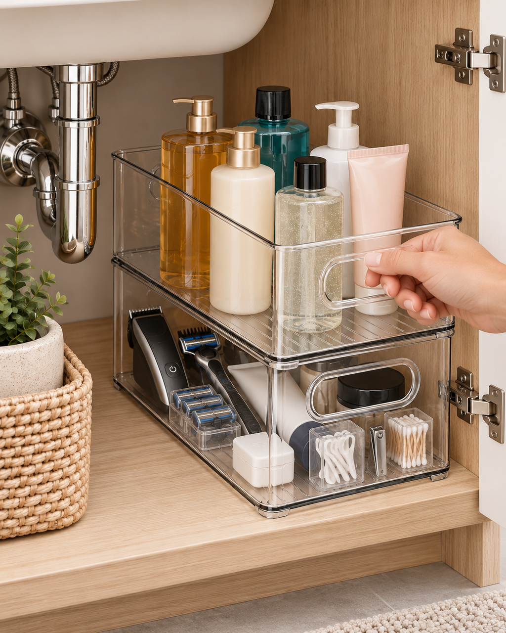 Clear Stackable Under-Sink Bathroom Organizer | Stackable Bins for Grooming Tools, Tall Shampoo & Conditioner Bottles, and Cleaning Supplies