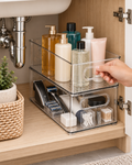 Clear Stackable Under-Sink Bathroom Organizer | Stackable Bins for Grooming Tools, Tall Shampoo & Conditioner Bottles, and Cleaning Supplies