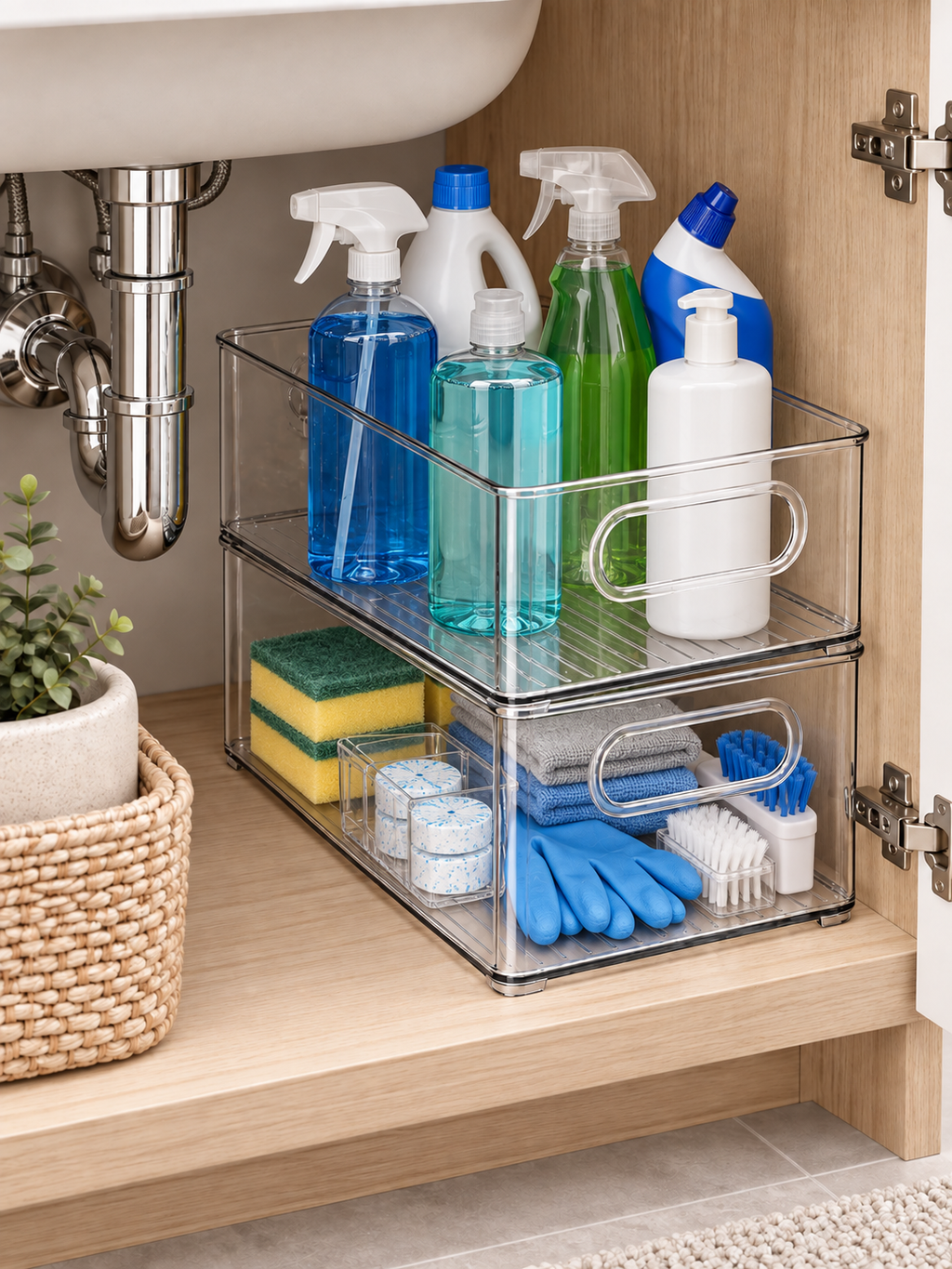 Clear Stackable Under-Sink Bathroom Organizer | Stackable Bins for Grooming Tools, Tall Shampoo & Conditioner Bottles, and Cleaning Supplies
