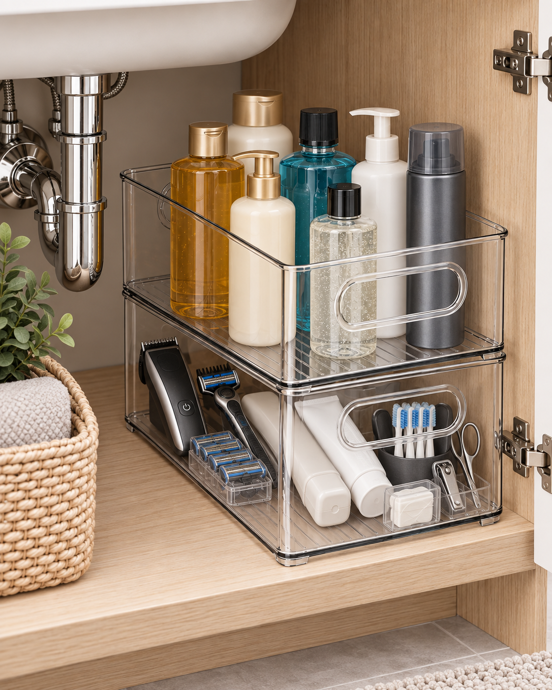 Clear Stackable Under-Sink Bathroom Organizer | Stackable Bins for Grooming Tools, Tall Shampoo & Conditioner Bottles, and Cleaning Supplies