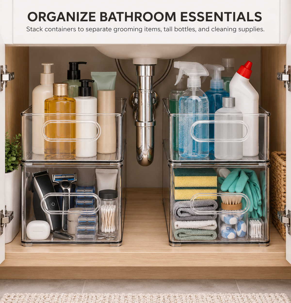 Clear Stackable Under-Sink Bathroom Organizer | Stackable Bins for Grooming Tools, Tall Shampoo & Conditioner Bottles, and Cleaning Supplies