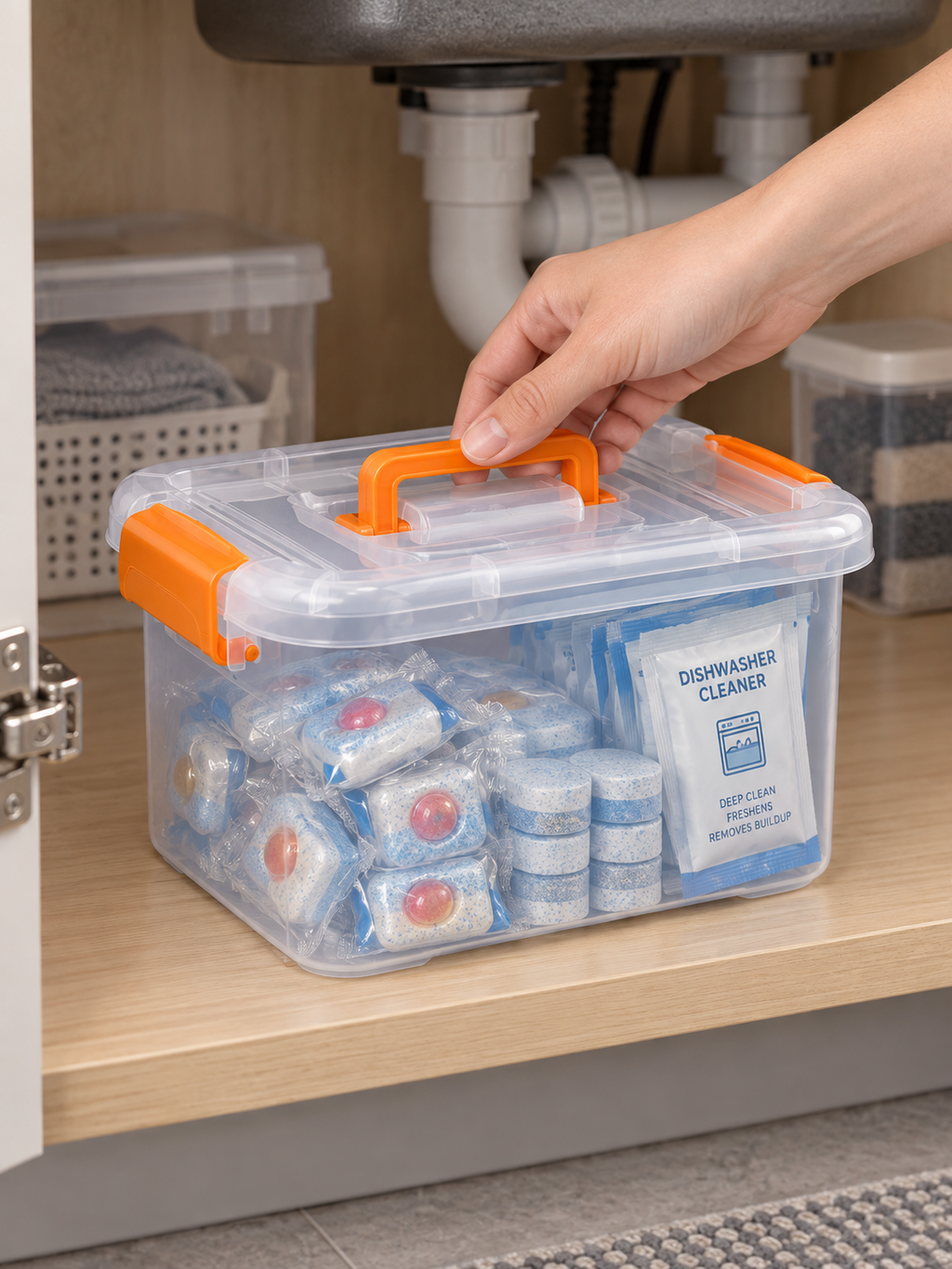 Clear Latching Under-Sink Storage Box | Kitchen Organizer for Sponges, Scrubbers, Dish Tabs, Cloths, Gloves & Small Cleaning Supplies