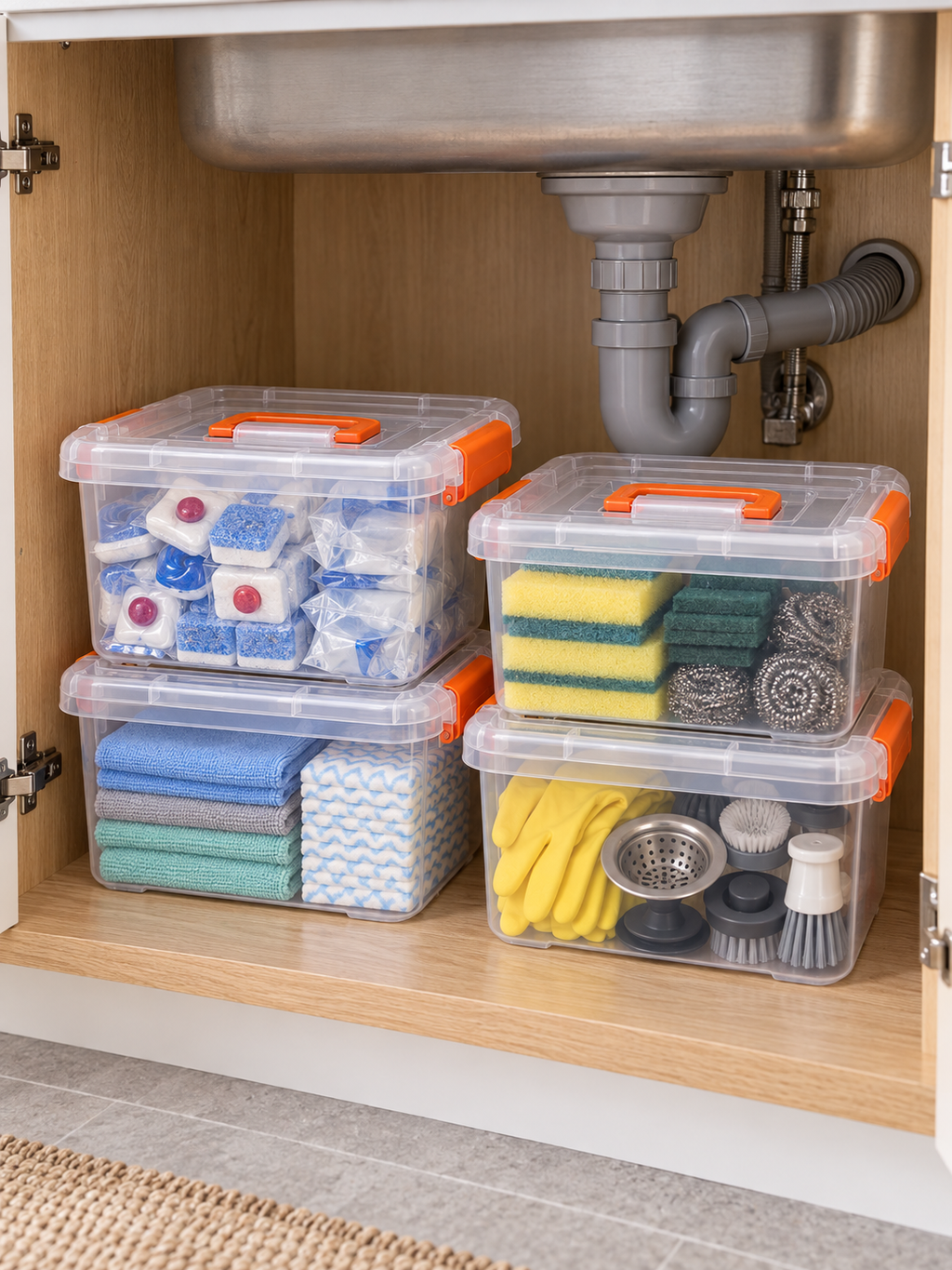 Clear Latching Under-Sink Storage Box | Kitchen Organizer for Sponges, Scrubbers, Dish Tabs, Cloths, Gloves & Small Cleaning Supplies