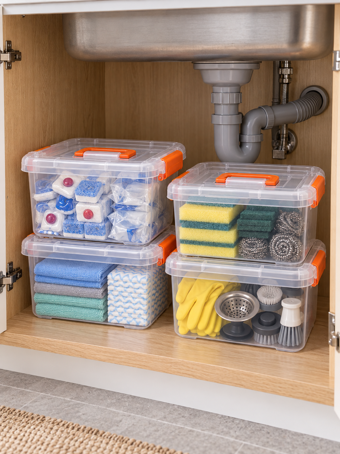 Clear Latching Under-Sink Storage Box | Kitchen Organizer for Sponges, Scrubbers, Dish Tabs, Cloths, Gloves & Small Cleaning Supplies