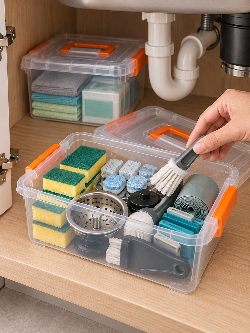 Clear Latching Under-Sink Storage Box | Kitchen Organizer for Sponges, Scrubbers, Dish Tabs, Cloths, Gloves & Small Cleaning Supplies