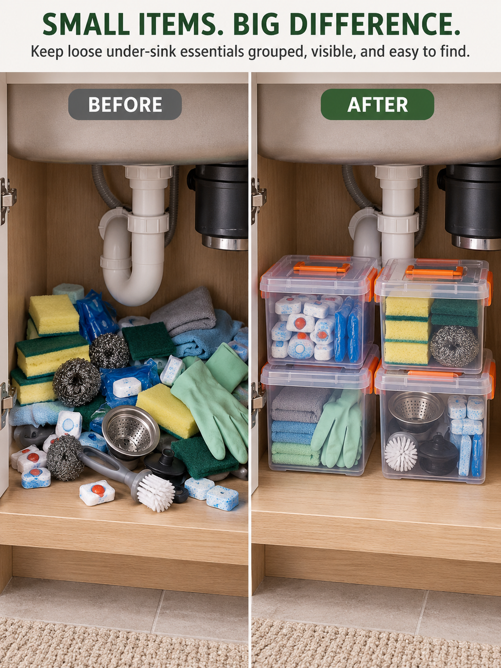 Clear Latching Under-Sink Storage Box | Kitchen Organizer for Sponges, Scrubbers, Dish Tabs, Cloths, Gloves & Small Cleaning Supplies