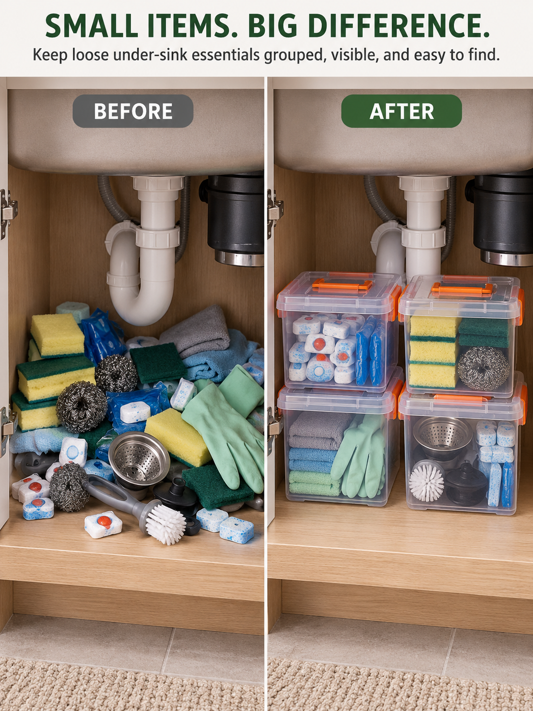Clear Latching Under-Sink Storage Box | Kitchen Organizer for Sponges, Scrubbers, Dish Tabs, Cloths, Gloves & Small Cleaning Supplies