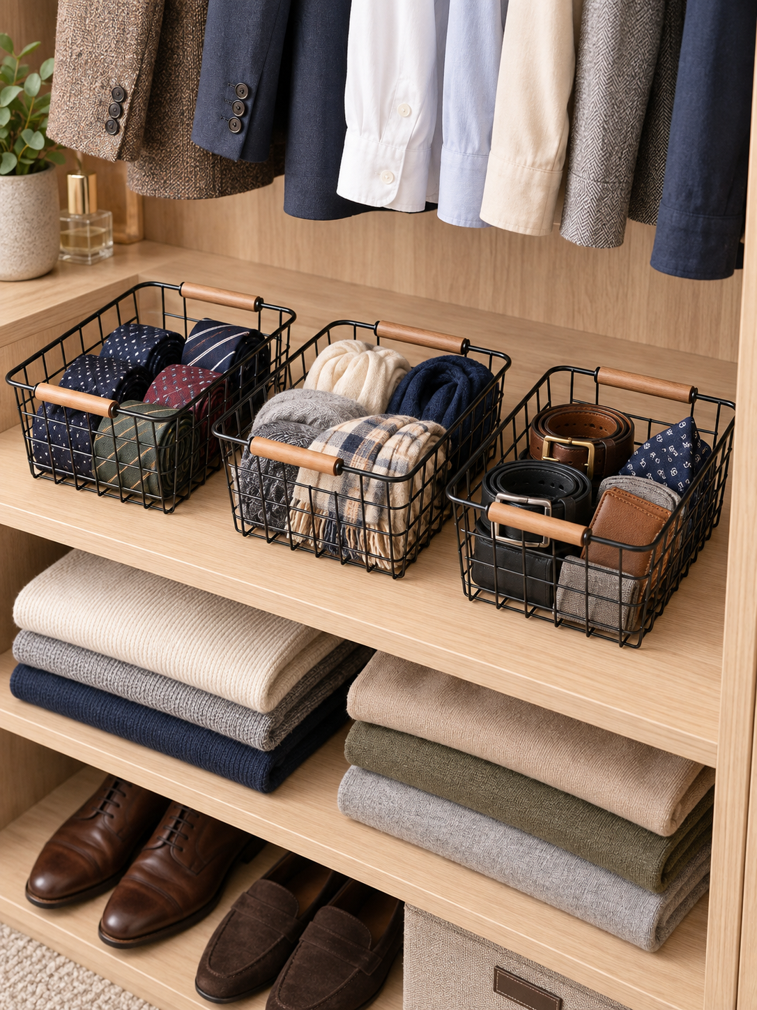 Black Wire Closet Organizer Basket with Wooden Handles | Small Loose Clothing | Shelf Storage for Socks, Underwear, Ties, Scarves, Belts, Undershirts