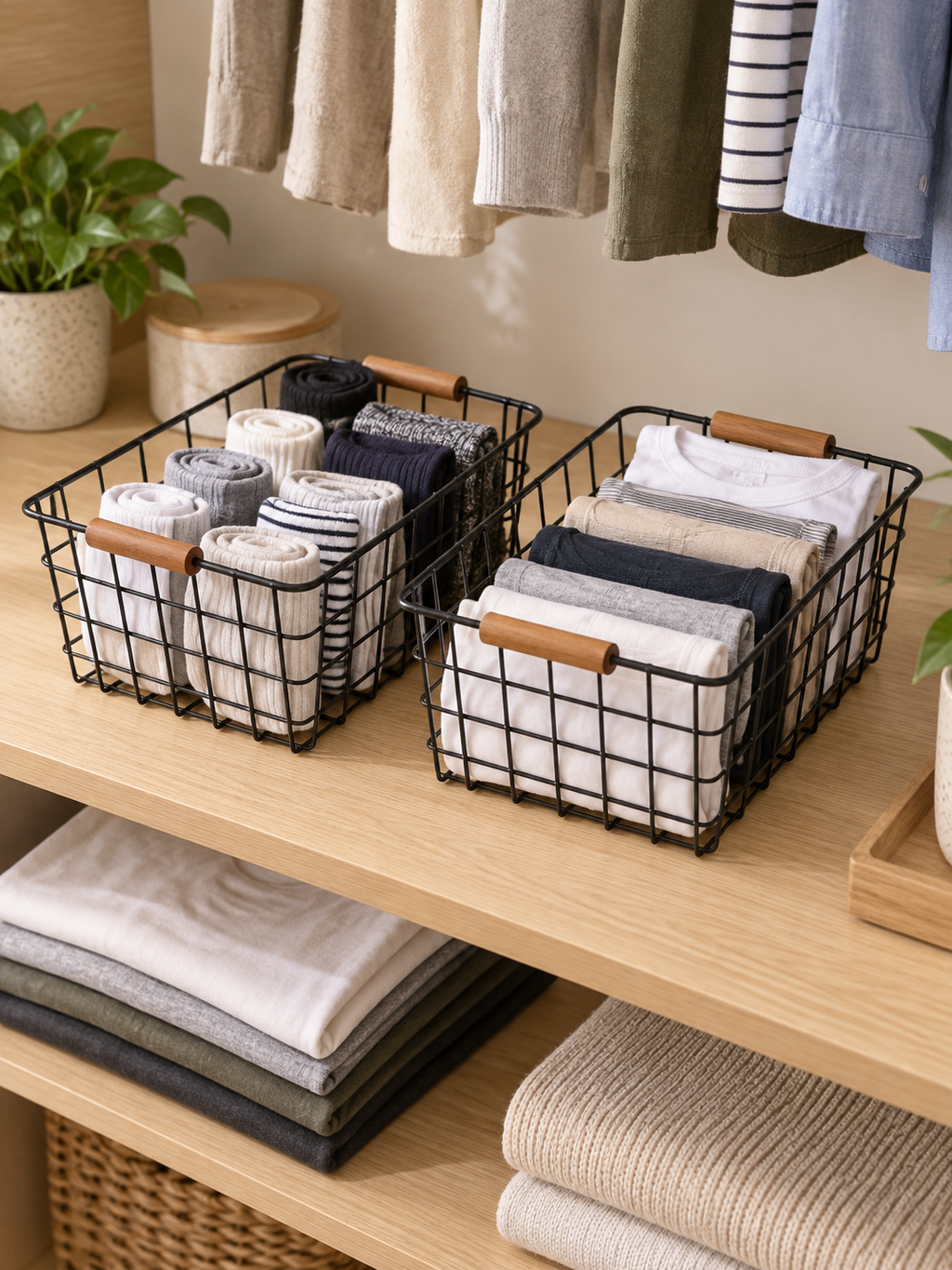 Black Wire Closet Organizer Basket with Wooden Handles | Small Loose Clothing | Shelf Storage for Socks, Underwear, Ties, Scarves, Belts, Undershirts