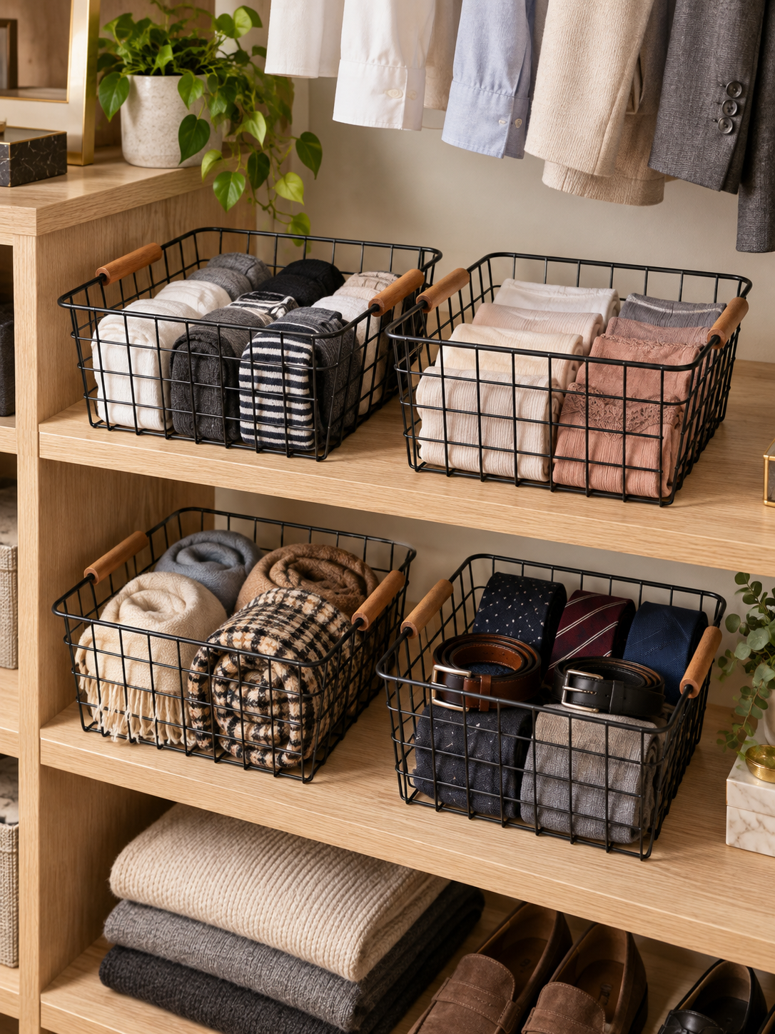 Black Wire Closet Organizer Basket with Wooden Handles | Small Loose Clothing | Shelf Storage for Socks, Underwear, Ties, Scarves, Belts, Undershirts