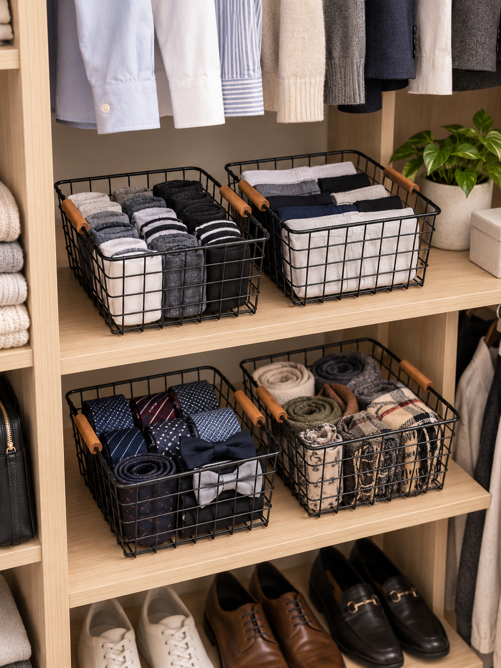 Black Wire Closet Organizer Basket with Wooden Handles | Small Loose Clothing | Shelf Storage for Socks, Underwear, Ties, Scarves, Belts, Undershirts