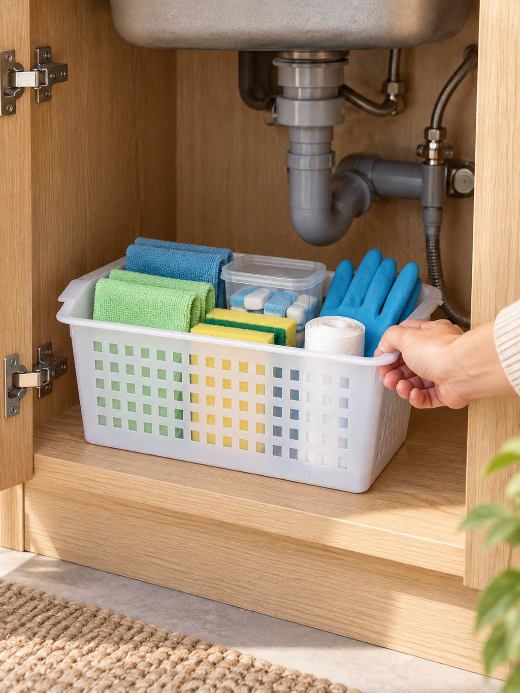 2 / 3 Pack – Under-Sink Open Basket Organizer with Easy-Carry Side Handles – Ventilated Storage Bin for Cleaning Supplies, Sponges, Sprays & More | White