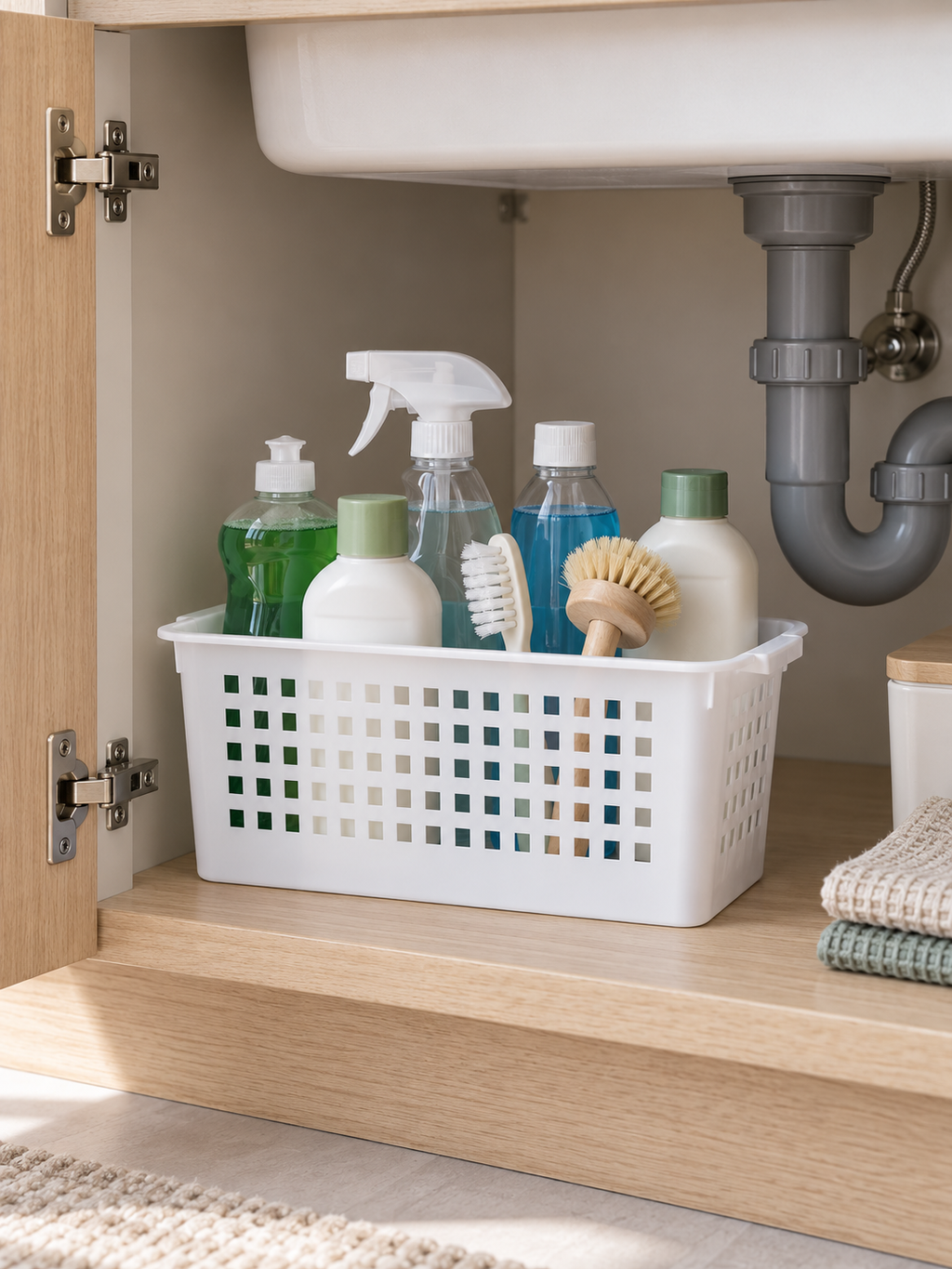2 / 3 Pack – Under-Sink Open Basket Organizer with Easy-Carry Side Handles – Ventilated Storage Bin for Cleaning Supplies, Sponges, Sprays & More | White